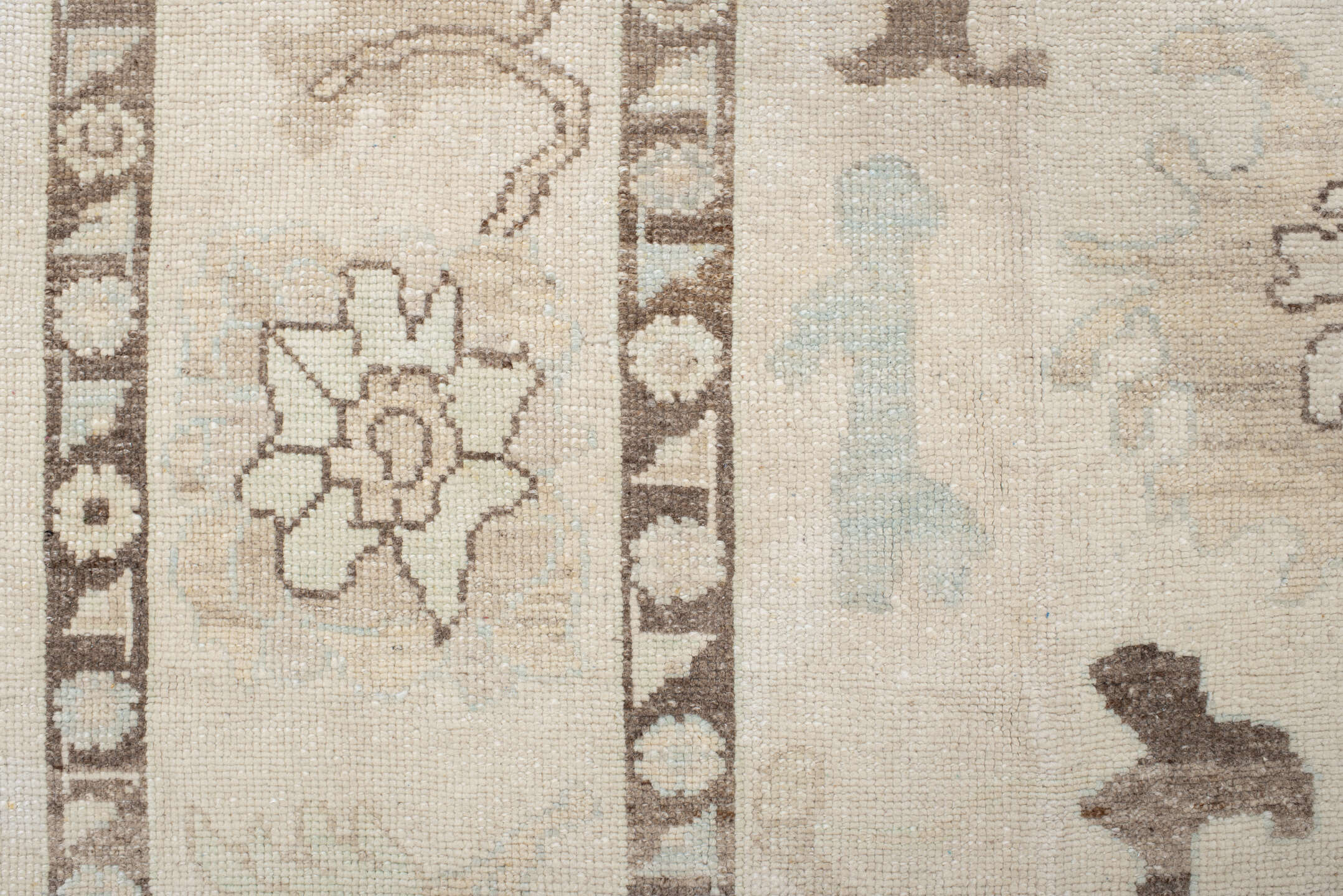 9' x 12' one-of-a-kind handmade vintage Oushak large size rug. Color palette: ivory, cream, taupe, sky_blue, brown, beige