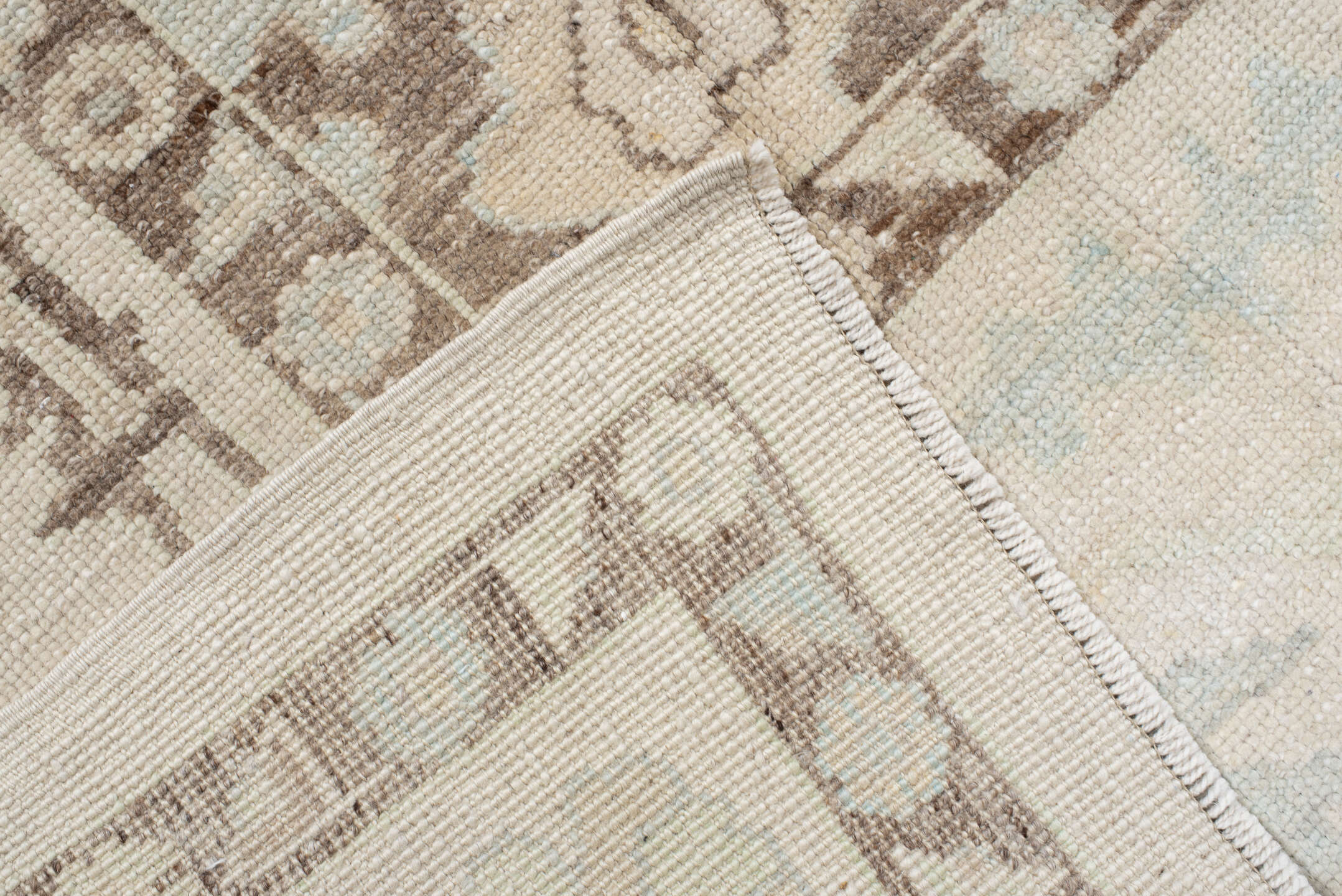 9' x 12' one-of-a-kind handmade vintage Oushak large size rug. Color palette: ivory, cream, taupe, sky_blue, brown, beige