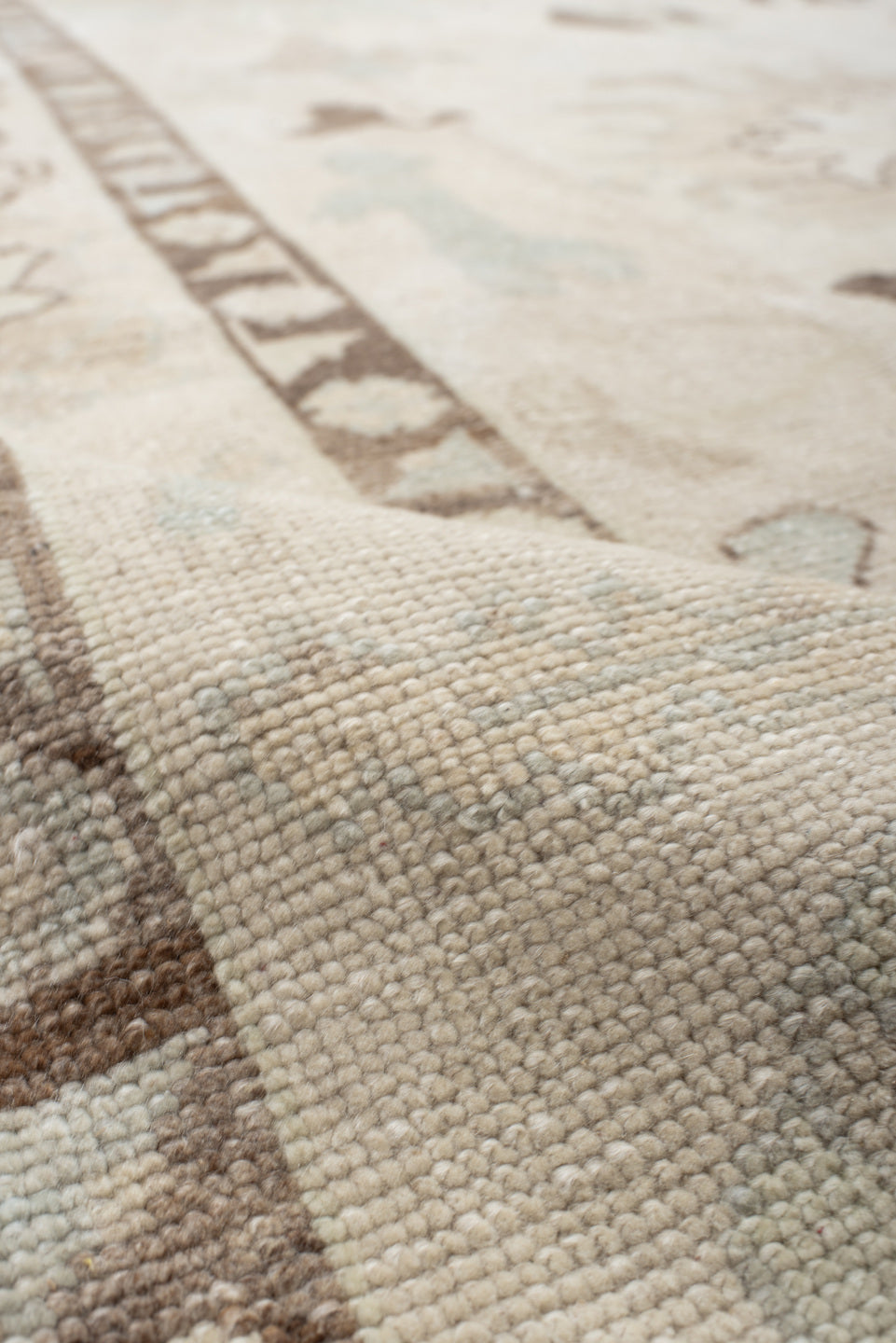 9' x 12' one-of-a-kind handmade vintage Oushak large size rug. Color palette: ivory, cream, taupe, sky_blue, brown, beige