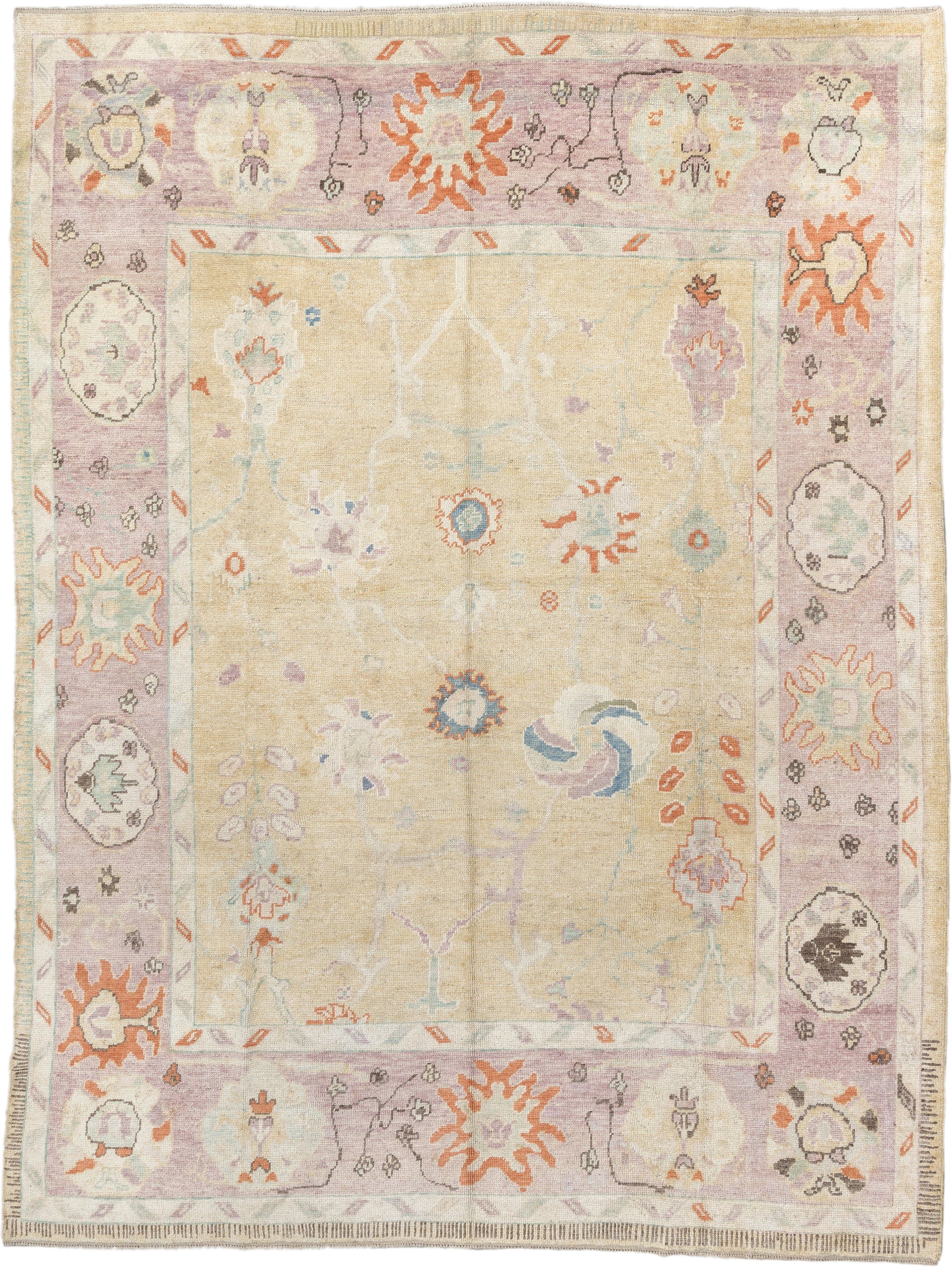 9' x 11' one-of-a-kind handmade vintage Oushak large size rug. Color palette: ivory, lavender, peach, pale gold, sky blue