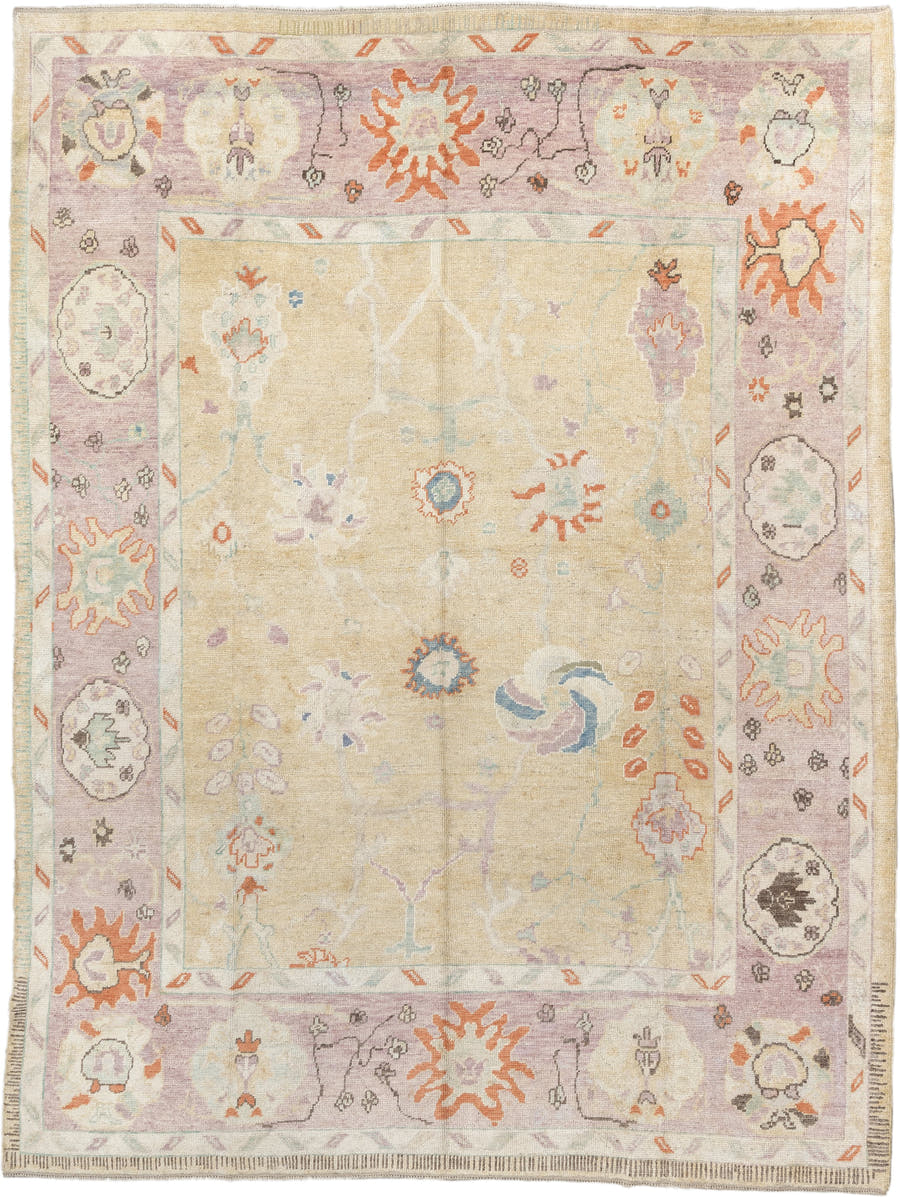 9' x 11' one-of-a-kind handmade vintage Oushak large size rug. Color palette: ivory, lavender, peach, pale gold, sky blue