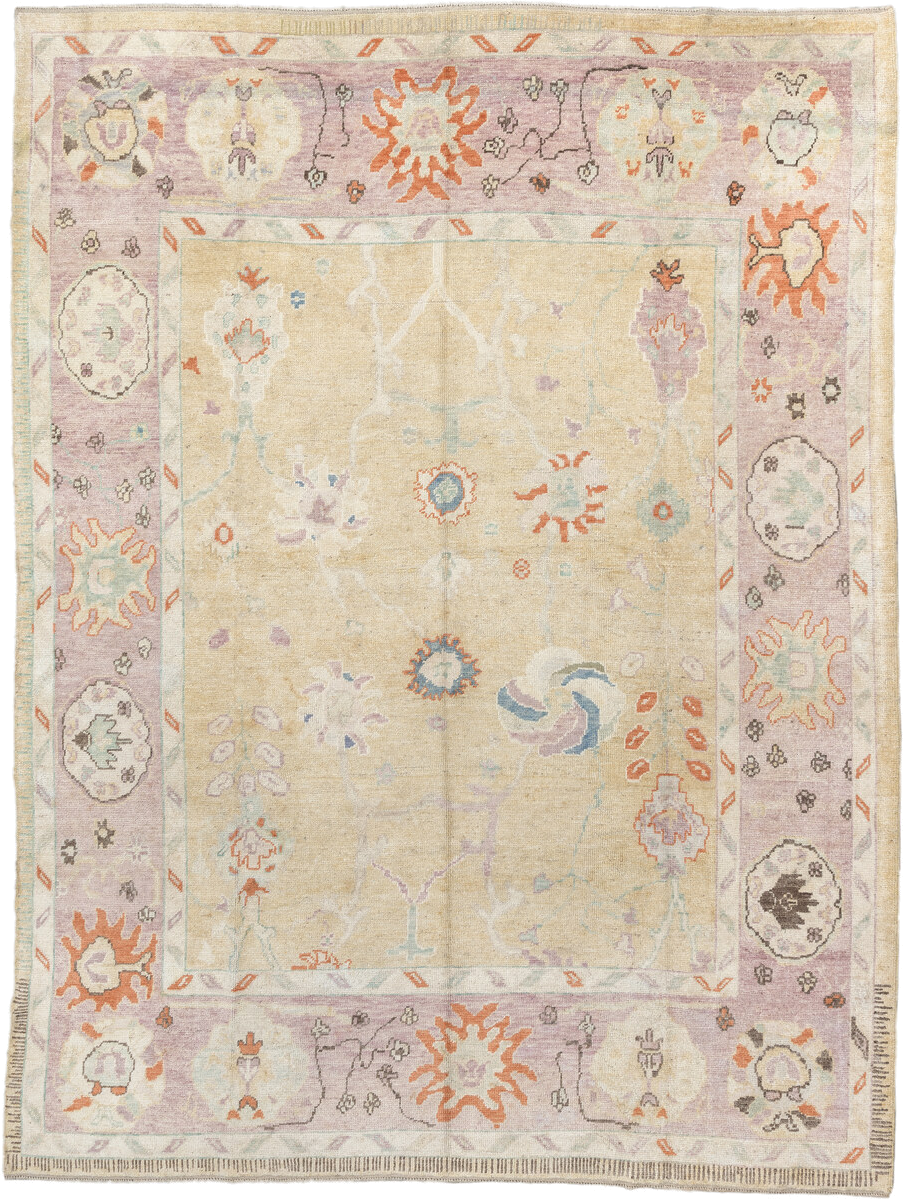 9' x 11' one-of-a-kind handmade vintage Oushak large size rug. Color palette: ivory, lavender, peach, pale gold, sky blue