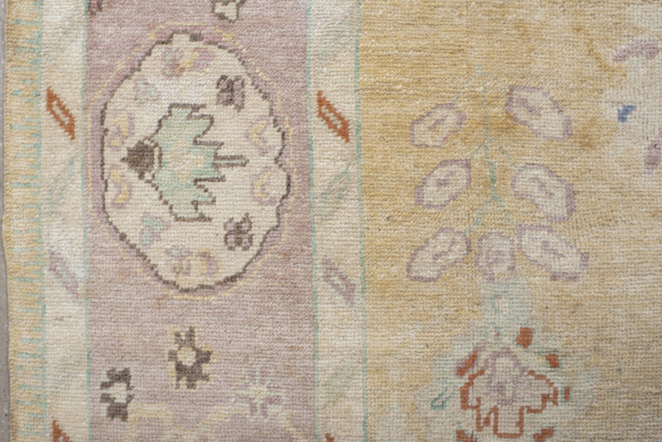 9' x 11' one-of-a-kind handmade vintage Oushak large size rug. Color palette: ivory, lavender, peach, pale gold, sky blue