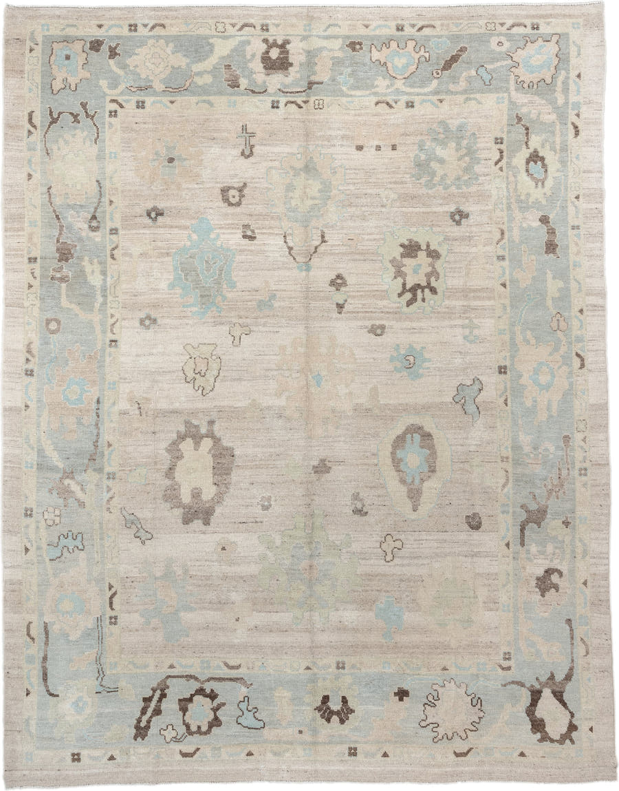 10' x 12' one-of-a-kind handmade vintage Oushak large size rug. Color palette: beige, powder_blue, ivory, taupe, brown