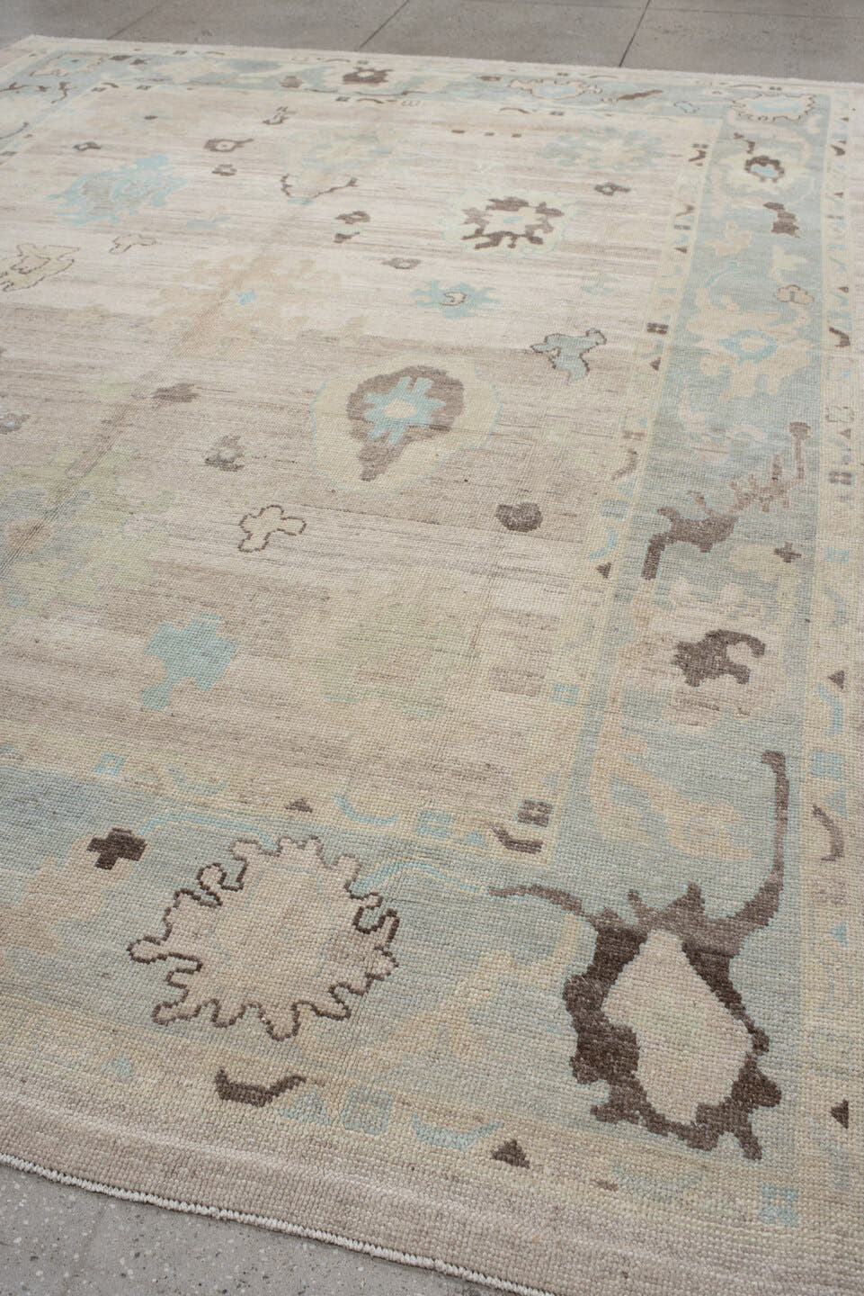 10' x 12' one-of-a-kind handmade vintage Oushak large size rug. Color palette: beige, powder_blue, ivory, taupe, brown