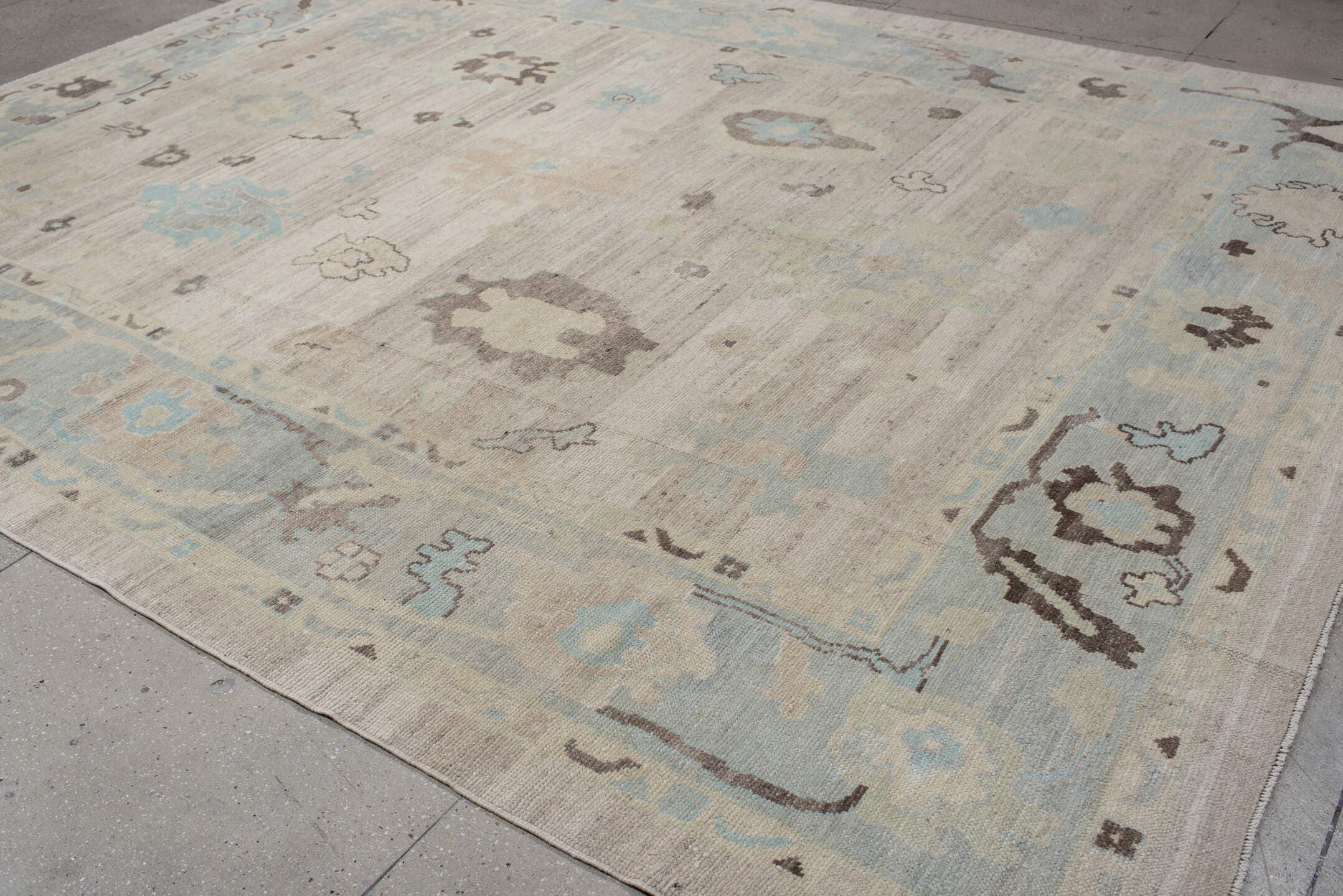 10' x 12' one-of-a-kind handmade vintage Oushak large size rug. Color palette: beige, powder_blue, ivory, taupe, brown