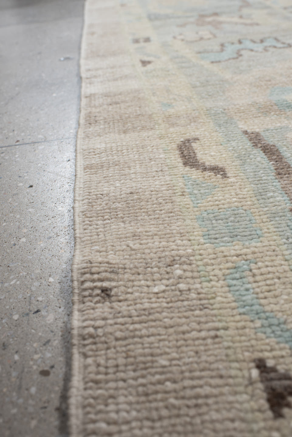 10' x 12' one-of-a-kind handmade vintage Oushak large size rug. Color palette: beige, powder_blue, ivory, taupe, brown