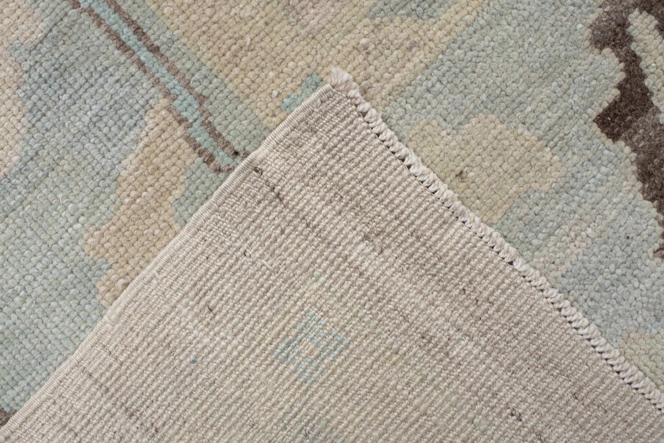 10' x 12' one-of-a-kind handmade vintage Oushak large size rug. Color palette: beige, powder_blue, ivory, taupe, brown