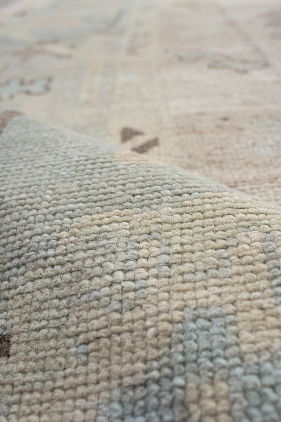 10' x 12' one-of-a-kind handmade vintage Oushak large size rug. Color palette: beige, powder_blue, ivory, taupe, brown