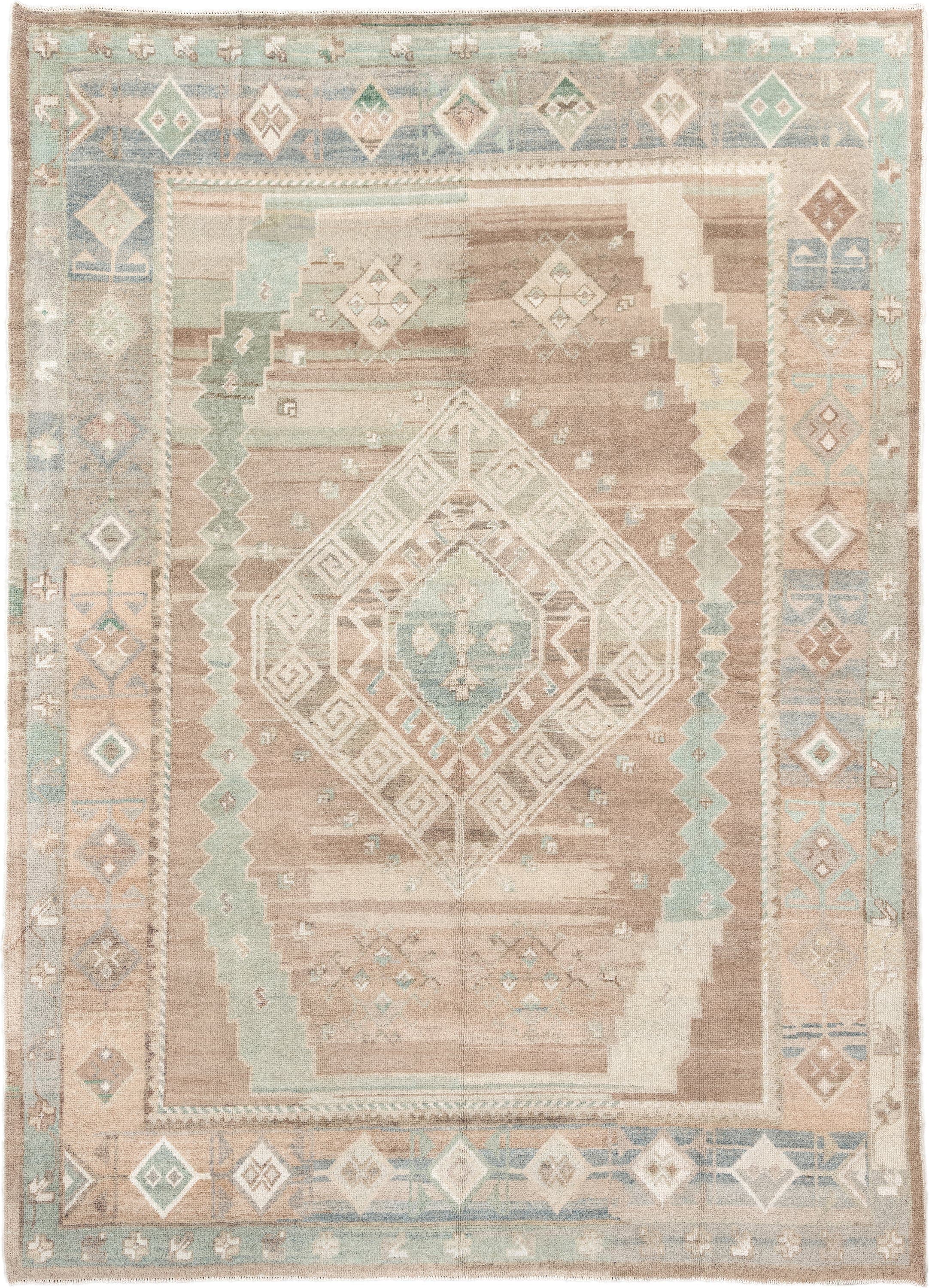 9' x 12' one-of-a-kind handmade vintage Oushak large size rug. Color palette: taupe, ivory, aqua, beige, sand, pale blue