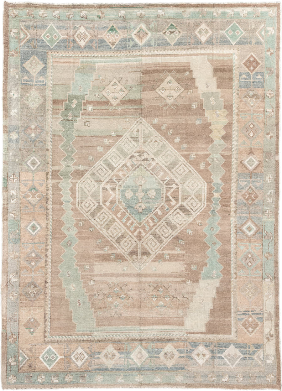 9' x 12' one-of-a-kind handmade vintage Oushak large size rug. Color palette: taupe, ivory, aqua, beige, sand, pale blue