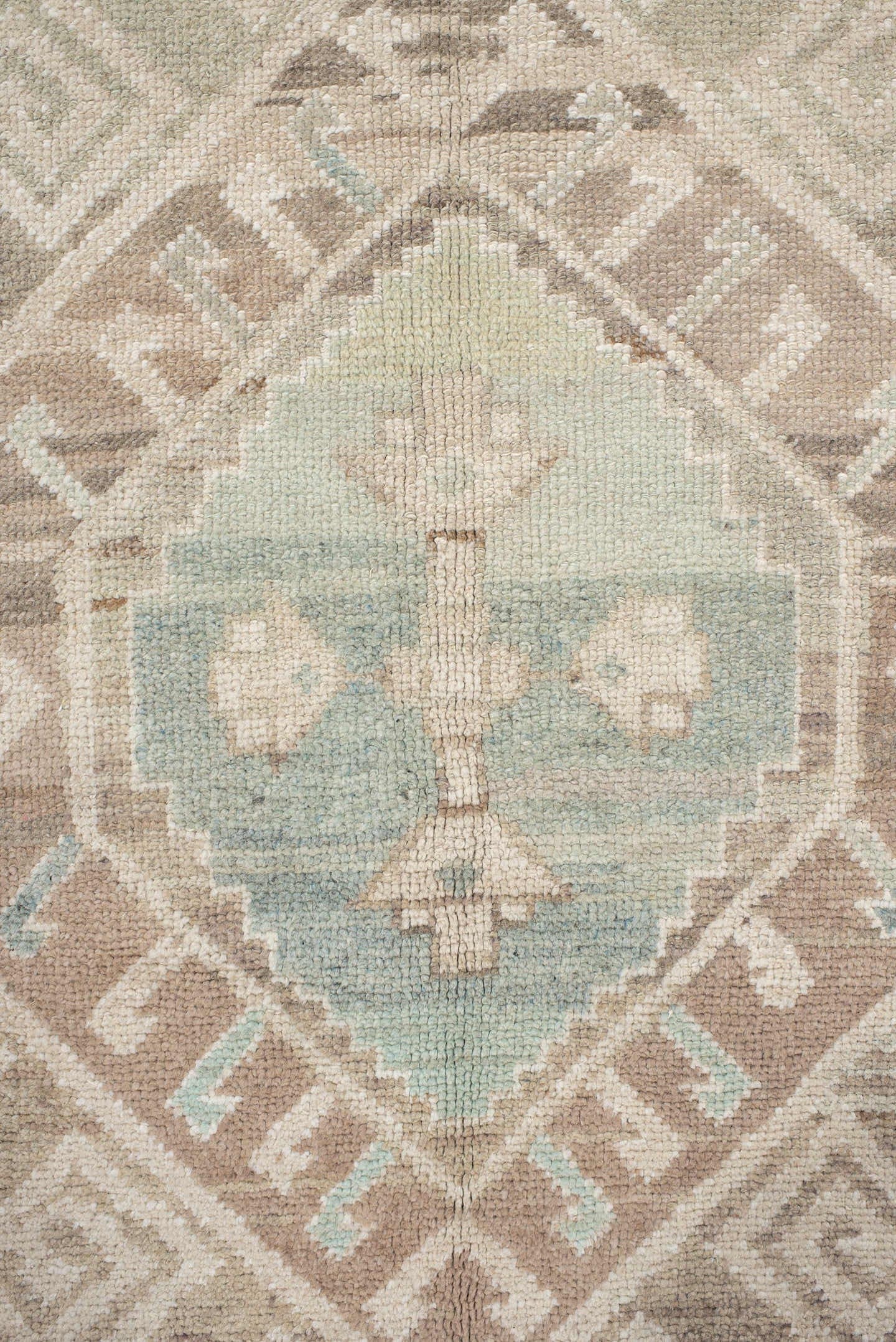9' x 12' one-of-a-kind handmade vintage Oushak large size rug. Color palette: taupe, ivory, aqua, beige, sand, pale blue