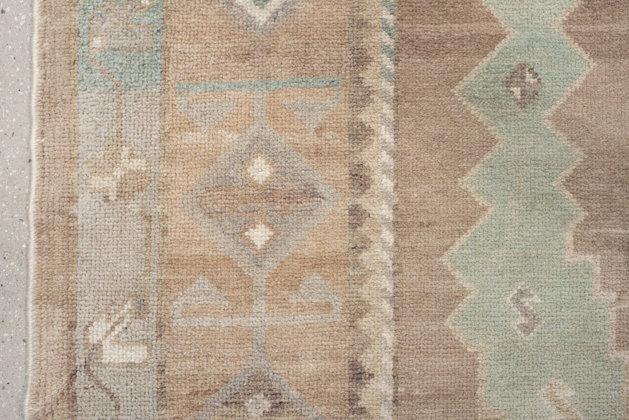 9' x 12' one-of-a-kind handmade vintage Oushak large size rug. Color palette: taupe, ivory, aqua, beige, sand, pale blue