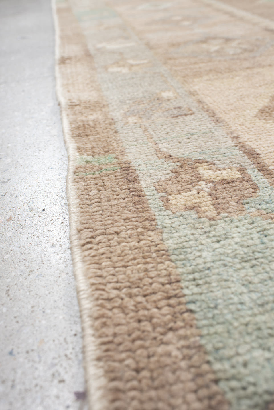 9' x 12' one-of-a-kind handmade vintage Oushak large size rug. Color palette: taupe, ivory, aqua, beige, sand, pale blue