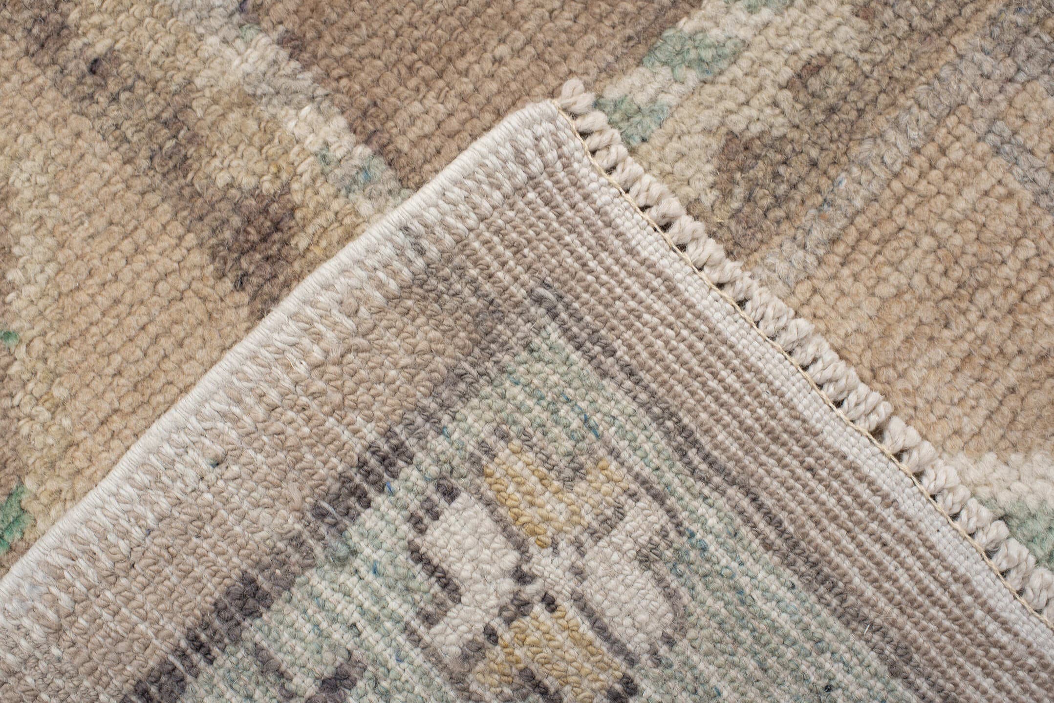 9' x 12' one-of-a-kind handmade vintage Oushak large size rug. Color palette: taupe, ivory, aqua, beige, sand, pale blue