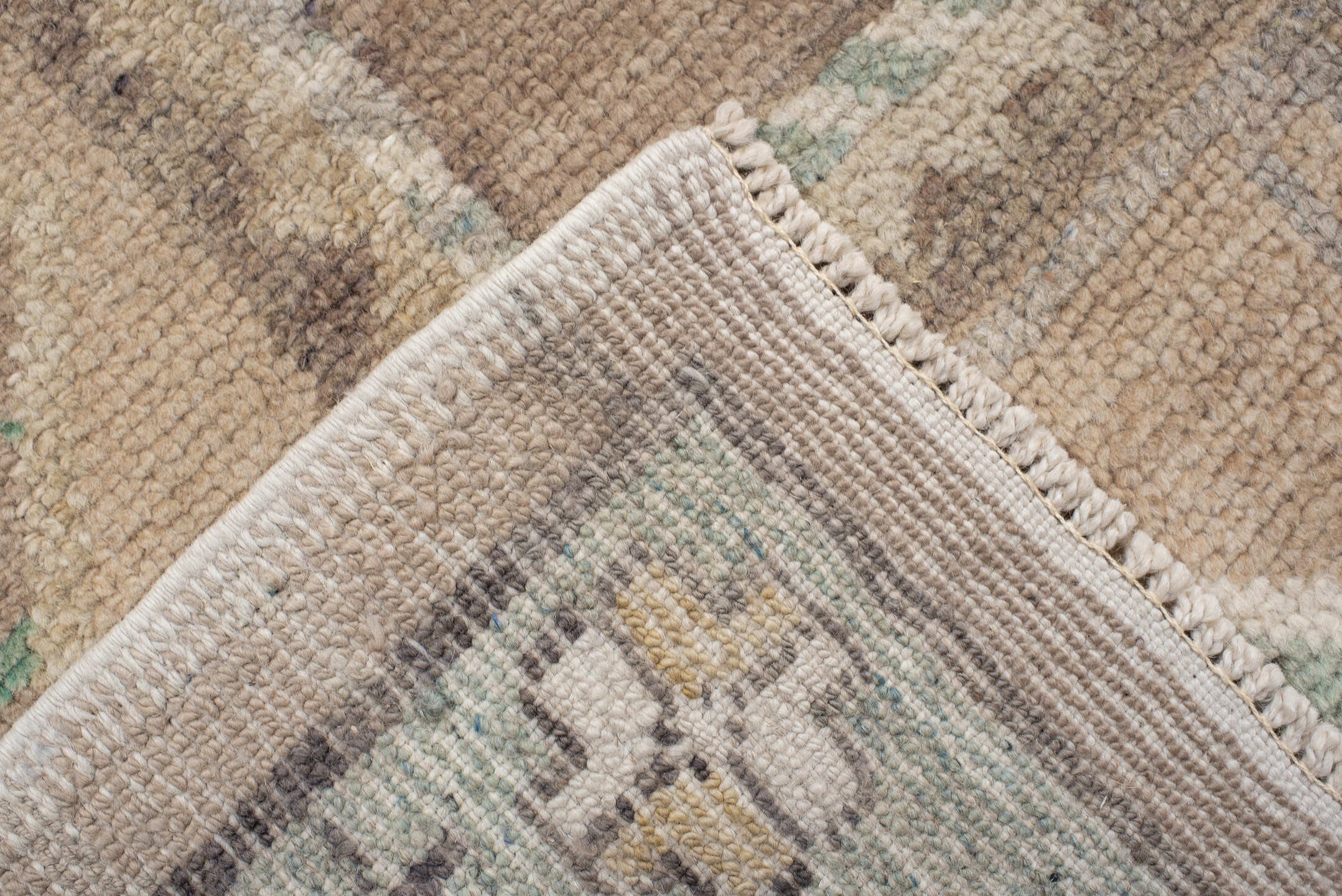 9' x 12' one-of-a-kind handmade vintage Oushak large size rug. Color palette: taupe, ivory, aqua, beige, sand, pale blue