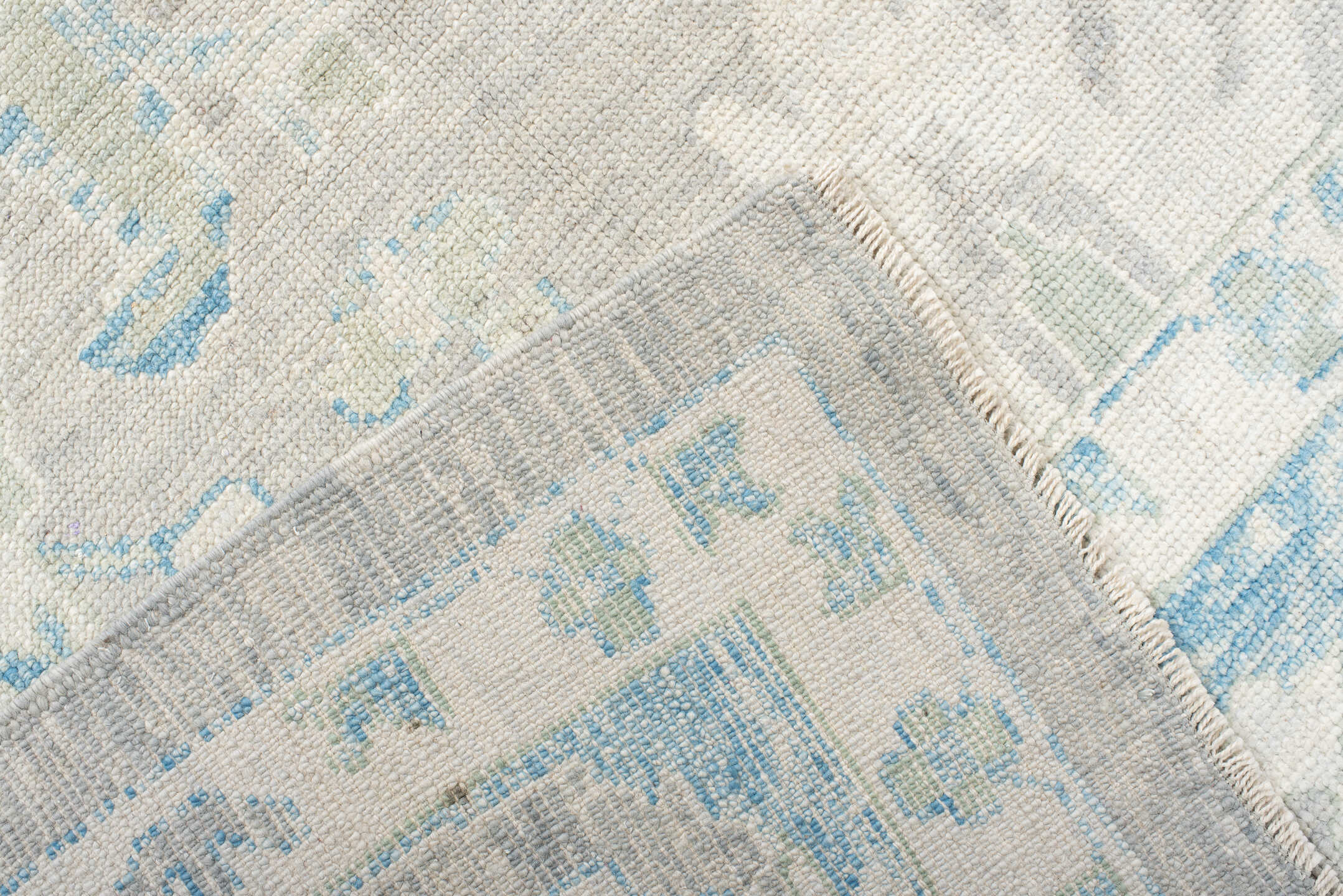 10' x 14' one-of-a-kind handmade vintage Oushak large size rug. Color palette: off-white, gray, light gray, light blue