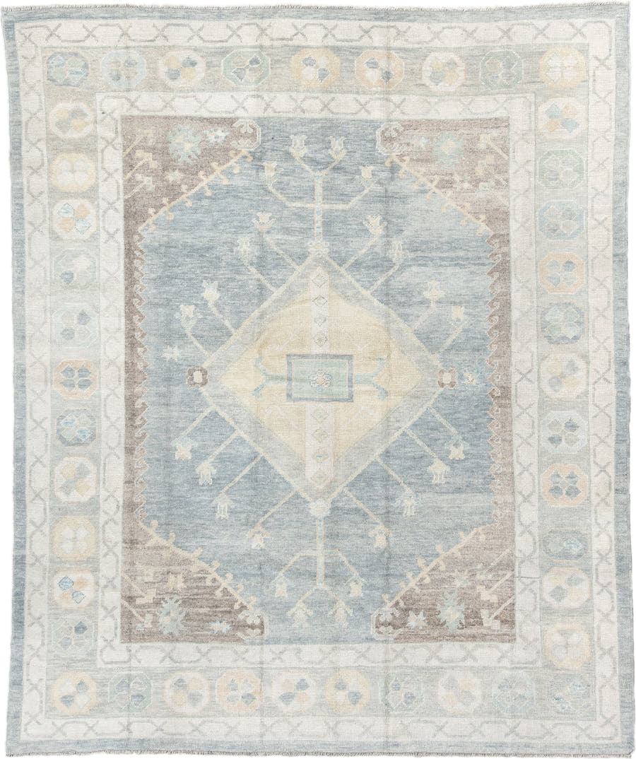 8' x 10' one-of-a-kind handmade vintage Oushak large size rug. Color palette: pale blue, ivory, cream, taupe, beige