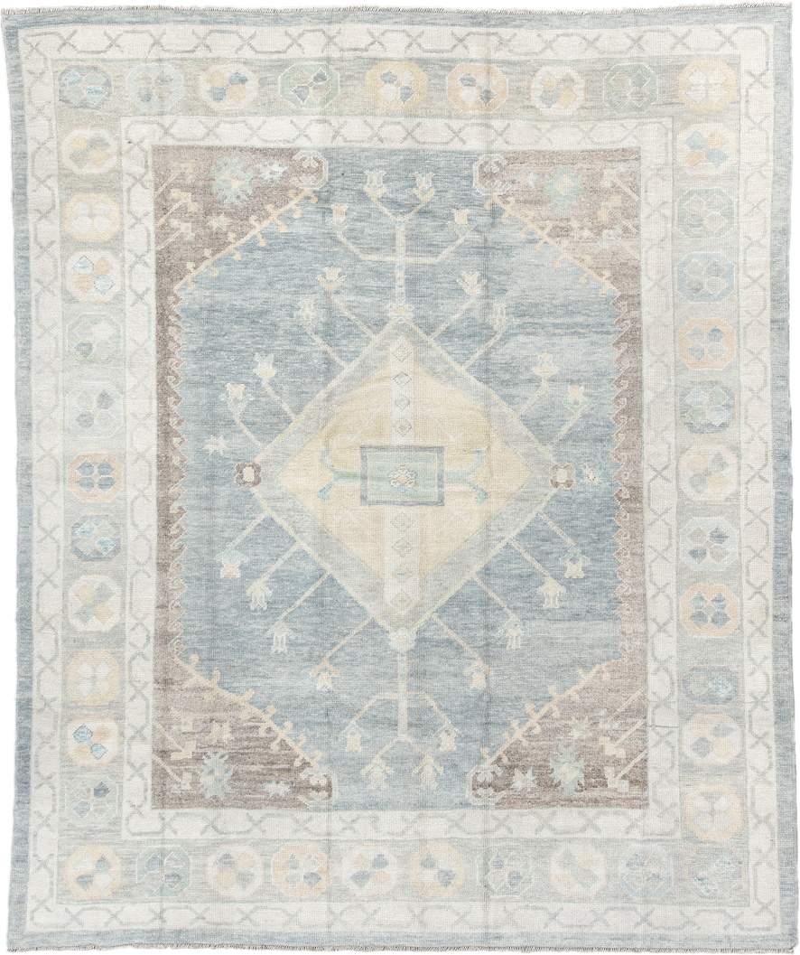 8' x 10' one-of-a-kind handmade vintage Oushak large size rug. Color palette: pale blue, ivory, cream, taupe, beige