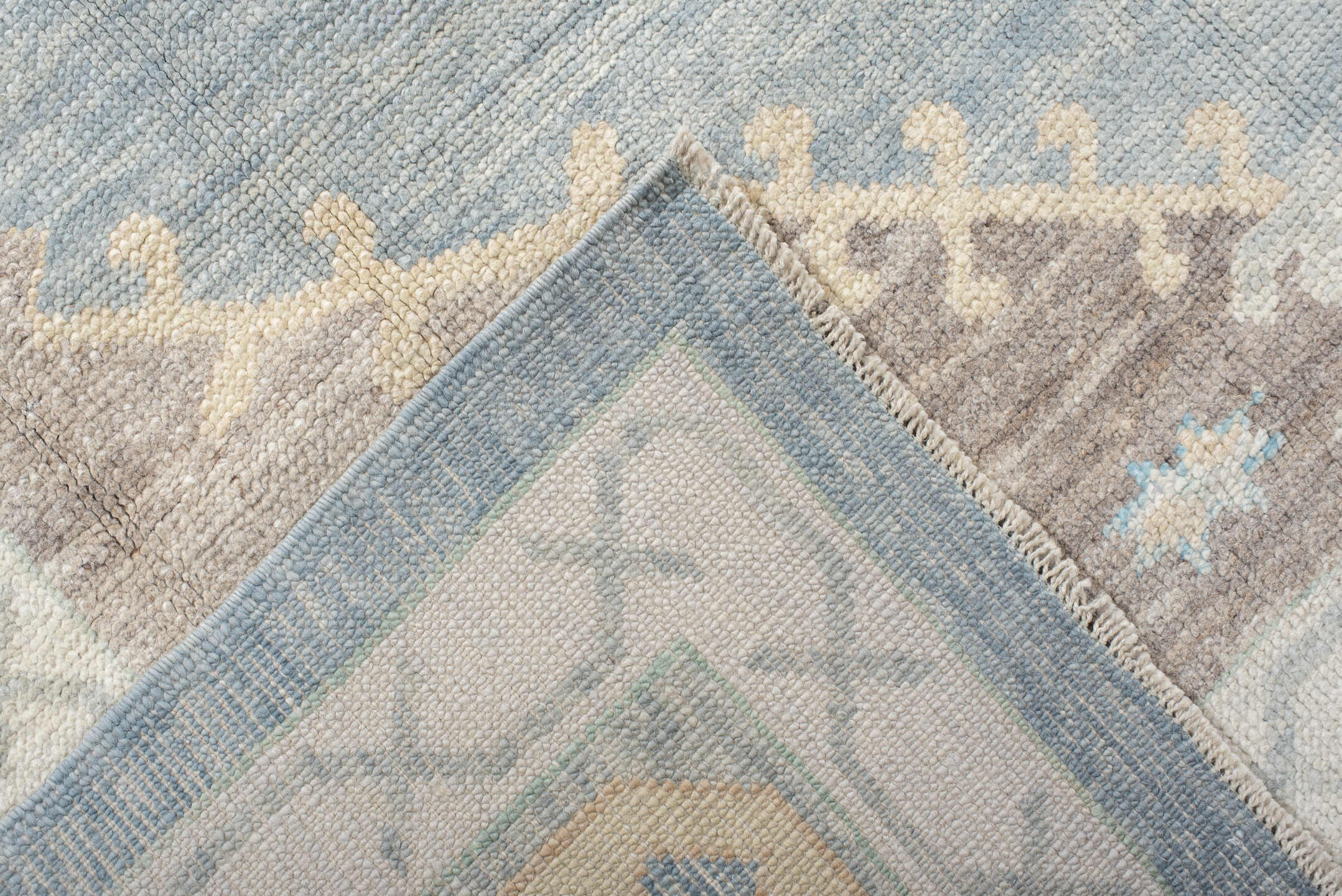 8' x 10' one-of-a-kind handmade vintage Oushak large size rug. Color palette: pale blue, ivory, cream, taupe, beige