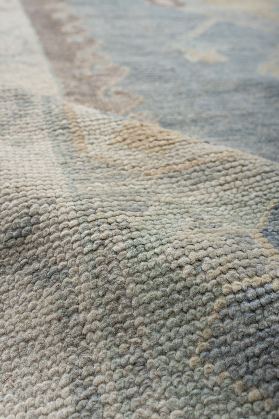 8' x 10' one-of-a-kind handmade vintage Oushak large size rug. Color palette: pale blue, ivory, cream, taupe, beige