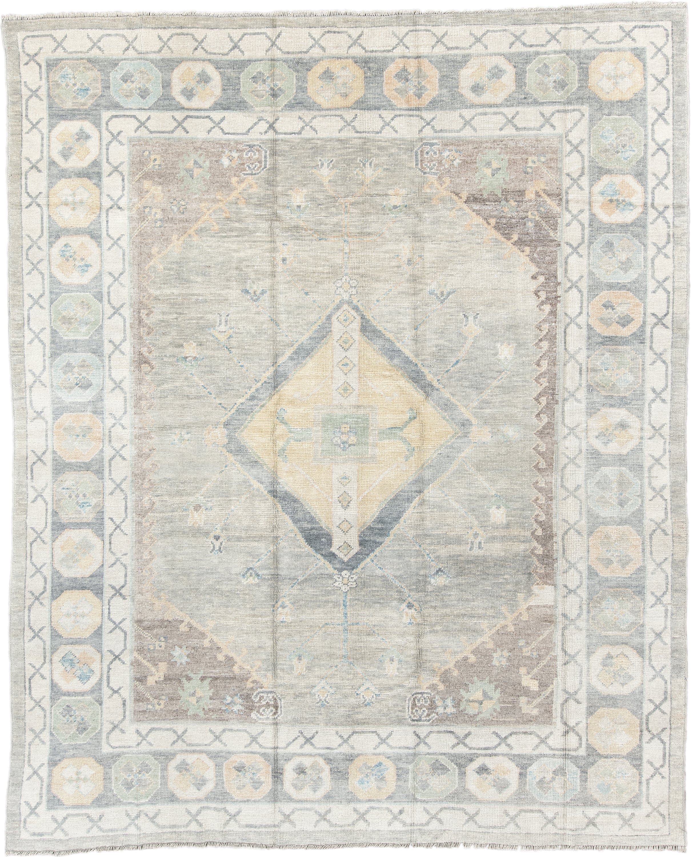 8' x 10' one-of-a-kind handmade vintage Oushak large size rug. Color palette: ivory, pale blue, taupe, sage, cream, beige