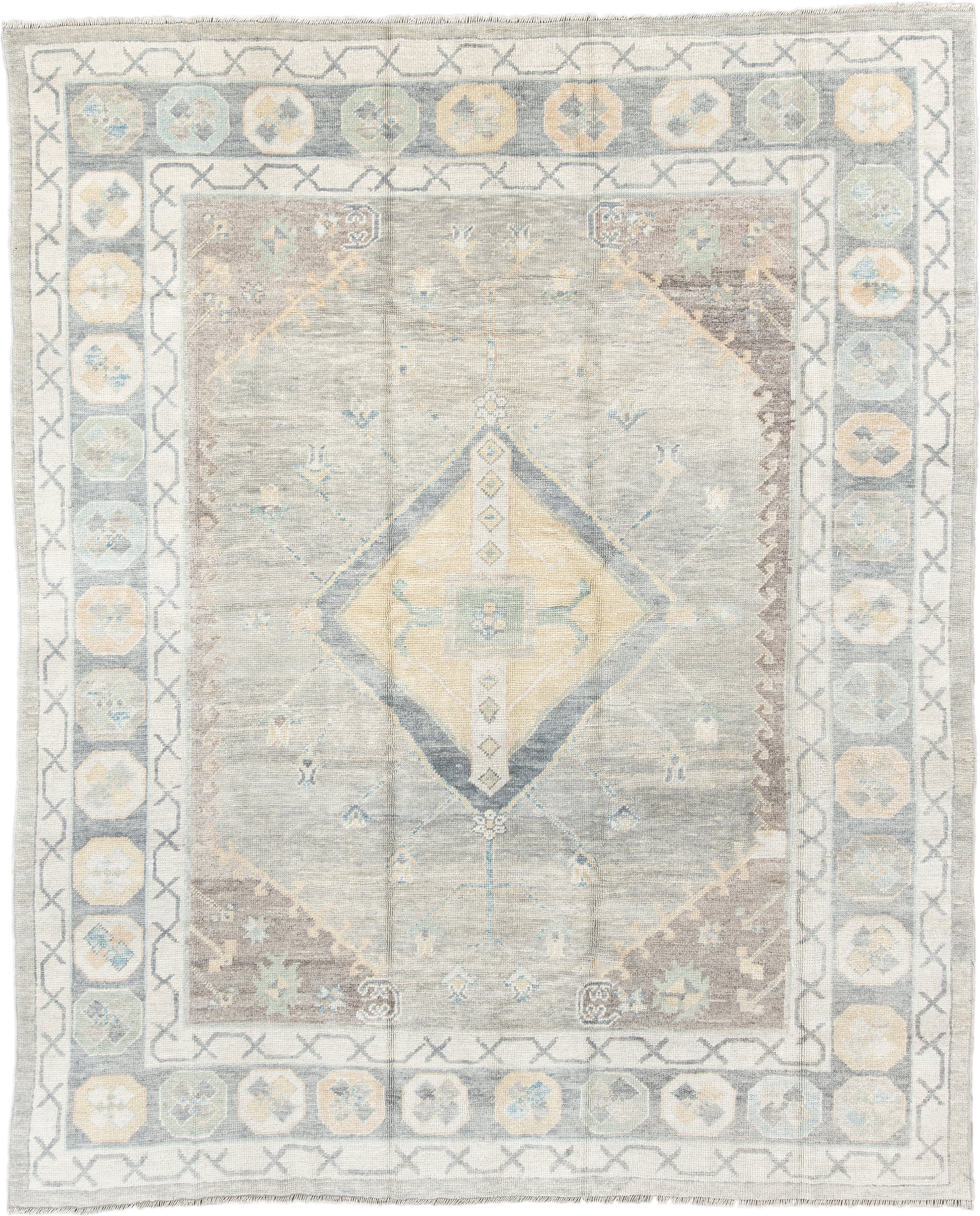 8' x 10' one-of-a-kind handmade vintage Oushak large size rug. Color palette: ivory, pale blue, taupe, sage, cream, beige