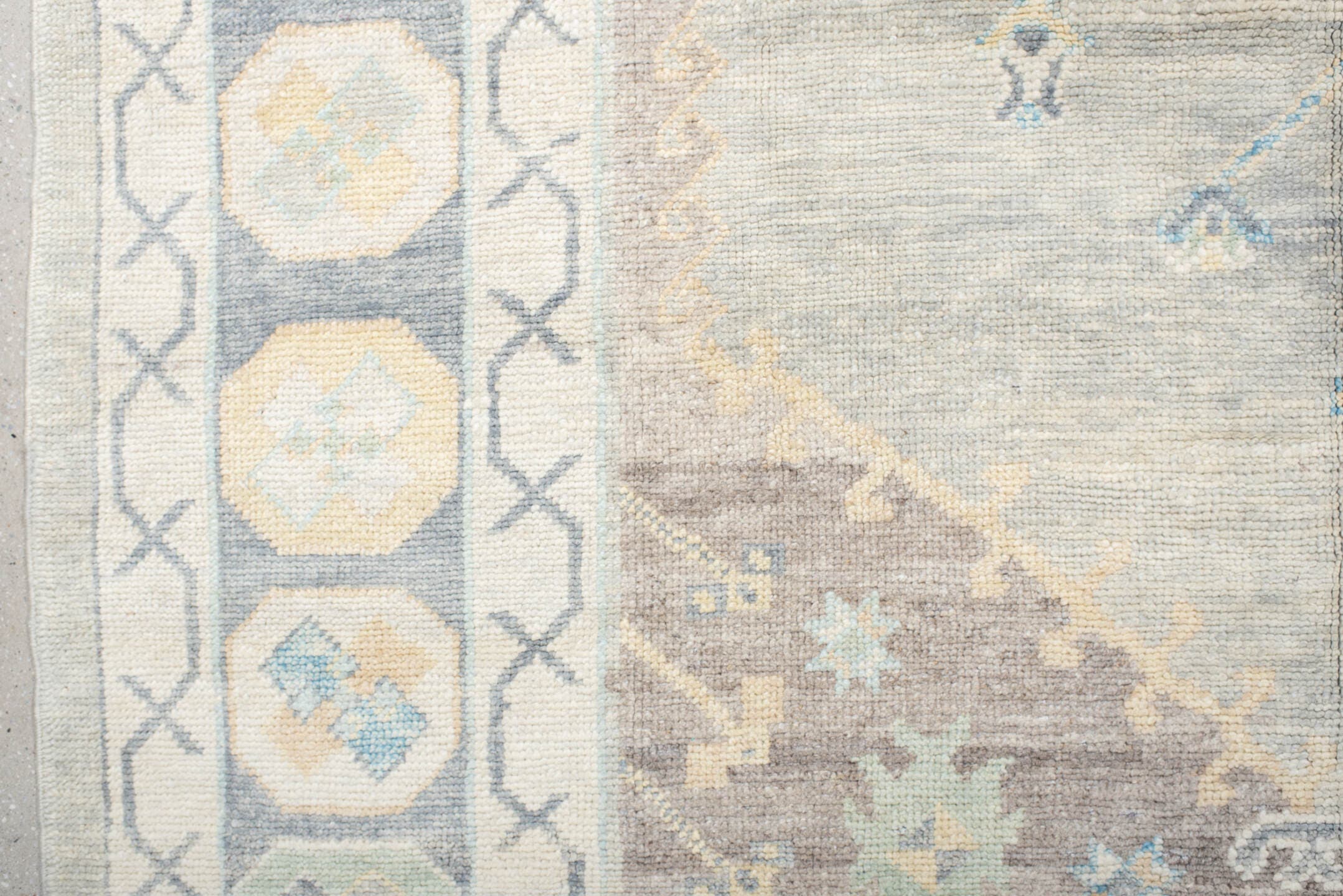 8' x 10' one-of-a-kind handmade vintage Oushak large size rug. Color palette: ivory, pale blue, taupe, sage, cream, beige