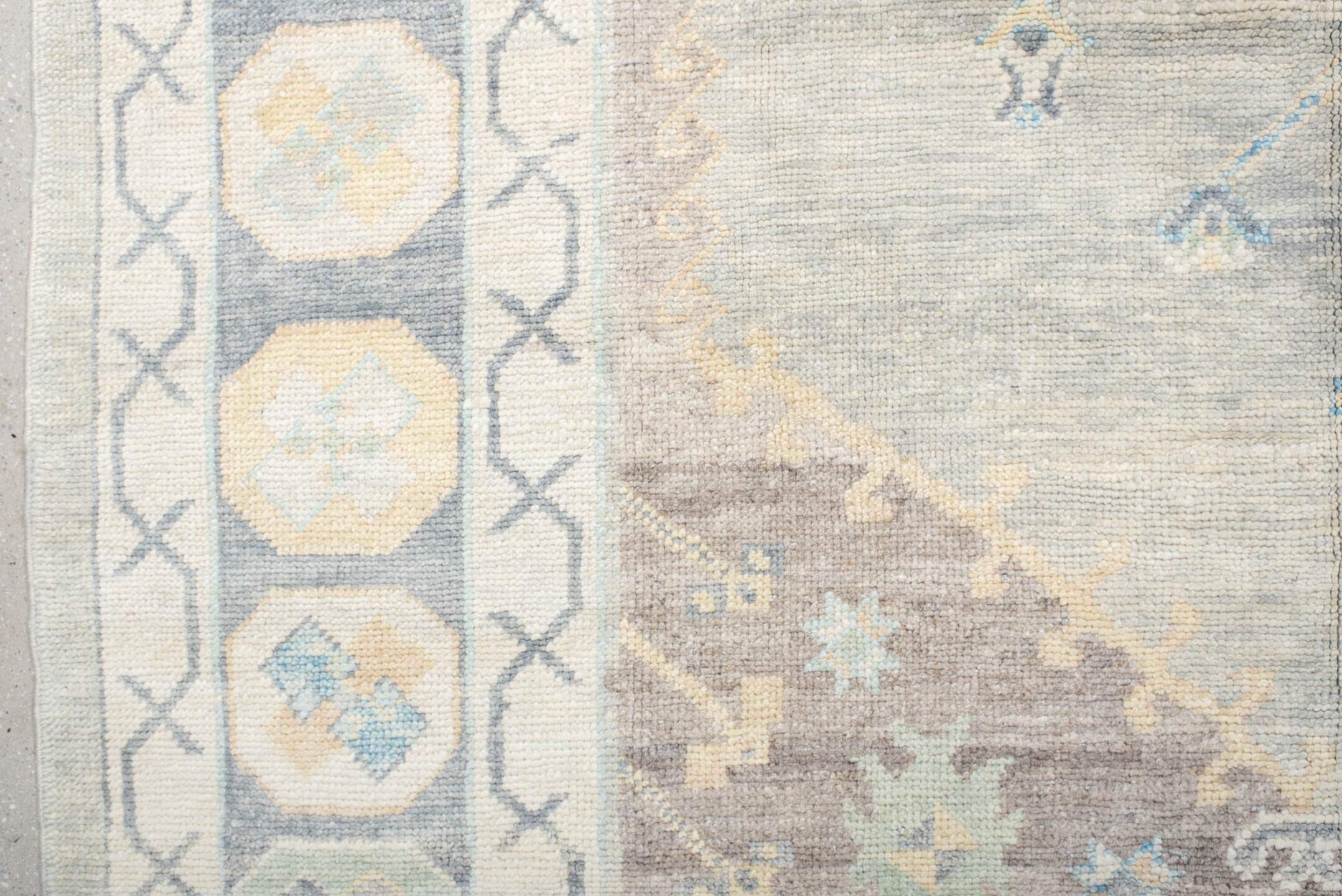 8' x 10' one-of-a-kind handmade vintage Oushak large size rug. Color palette: ivory, pale blue, taupe, sage, cream, beige