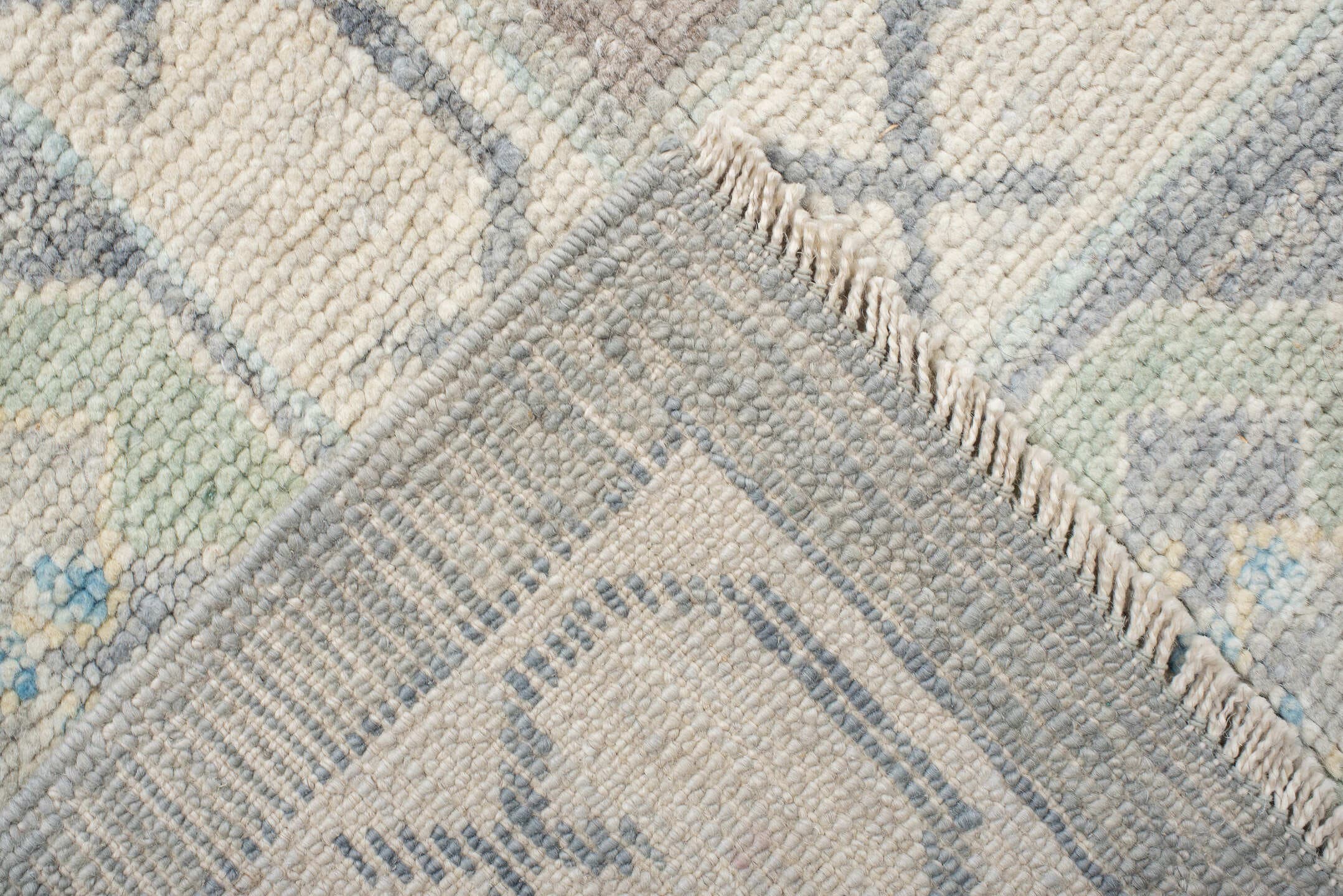 8' x 10' one-of-a-kind handmade vintage Oushak large size rug. Color palette: ivory, pale blue, taupe, sage, cream, beige