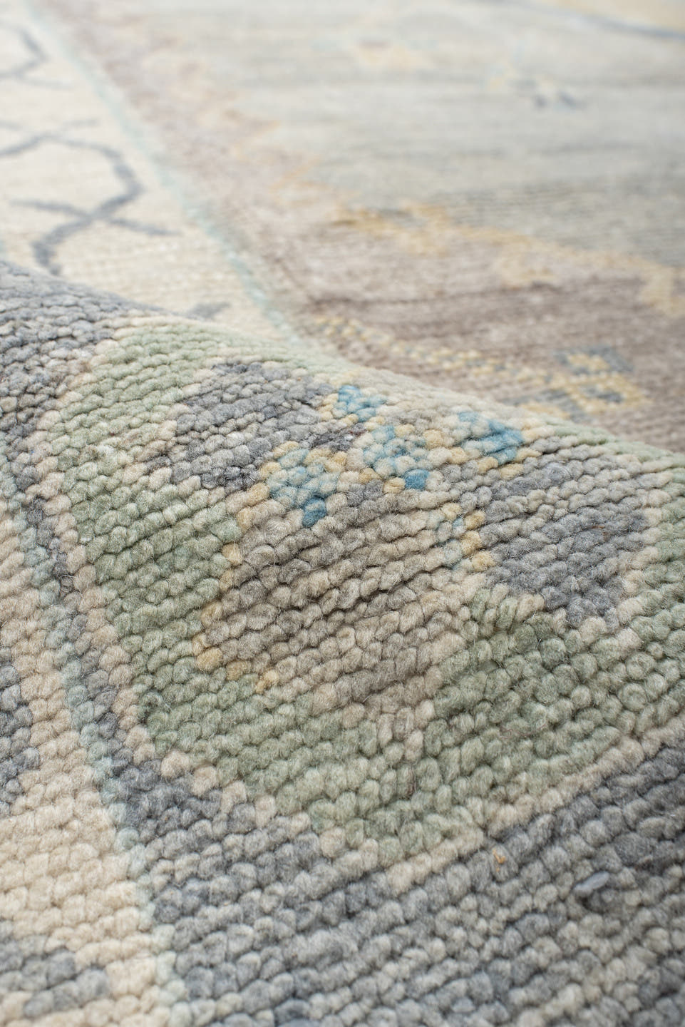 8' x 10' one-of-a-kind handmade vintage Oushak large size rug. Color palette: ivory, pale blue, taupe, sage, cream, beige
