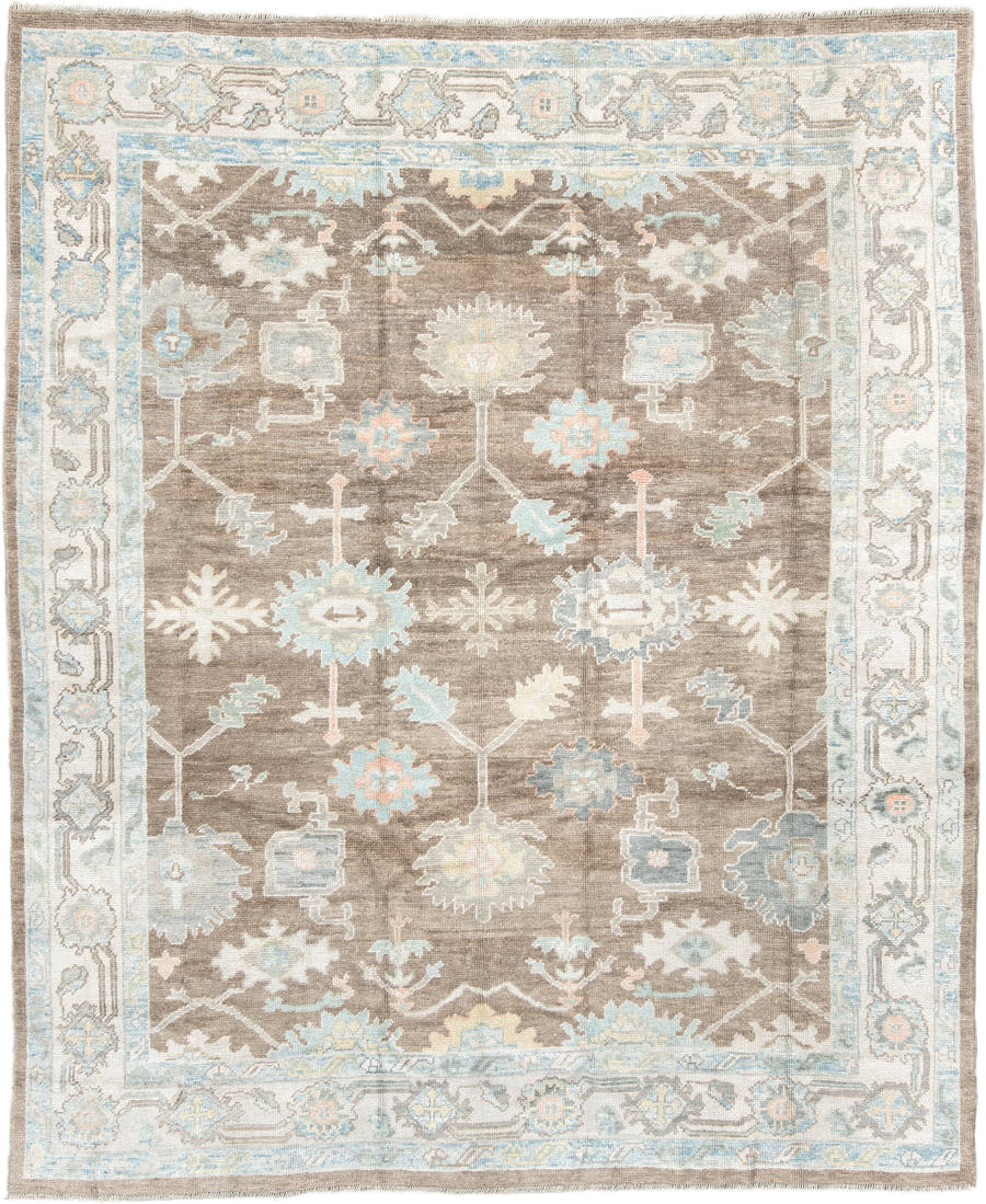 8' x 10' one-of-a-kind handmade vintage Oushak large size rug. Color palette: taupe, ivory, pale aqua, sky blue, soft gold