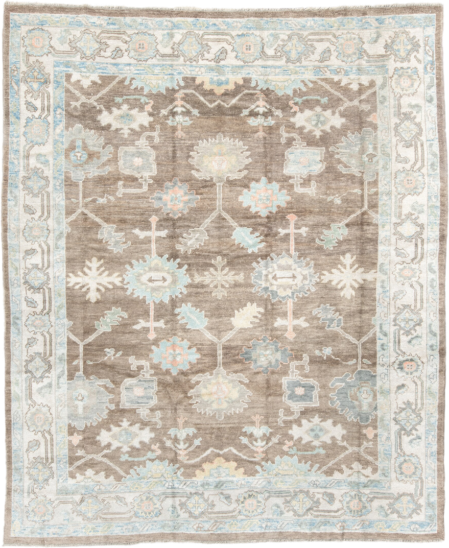 8' x 10' one-of-a-kind handmade vintage Oushak large size rug. Color palette: taupe, ivory, pale aqua, sky blue, soft gold