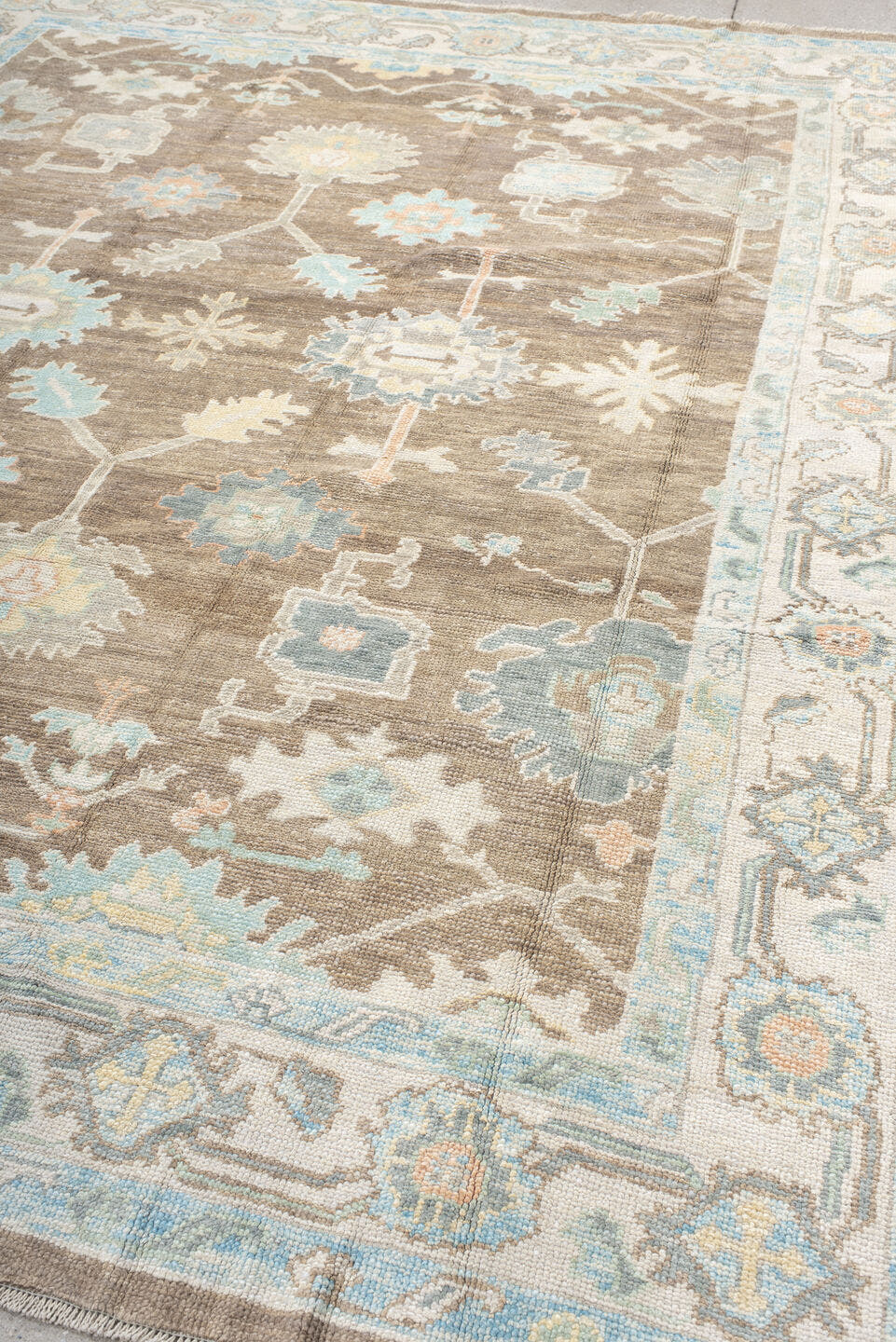8' x 10' one-of-a-kind handmade vintage Oushak large size rug. Color palette: taupe, ivory, pale aqua, sky blue, soft gold