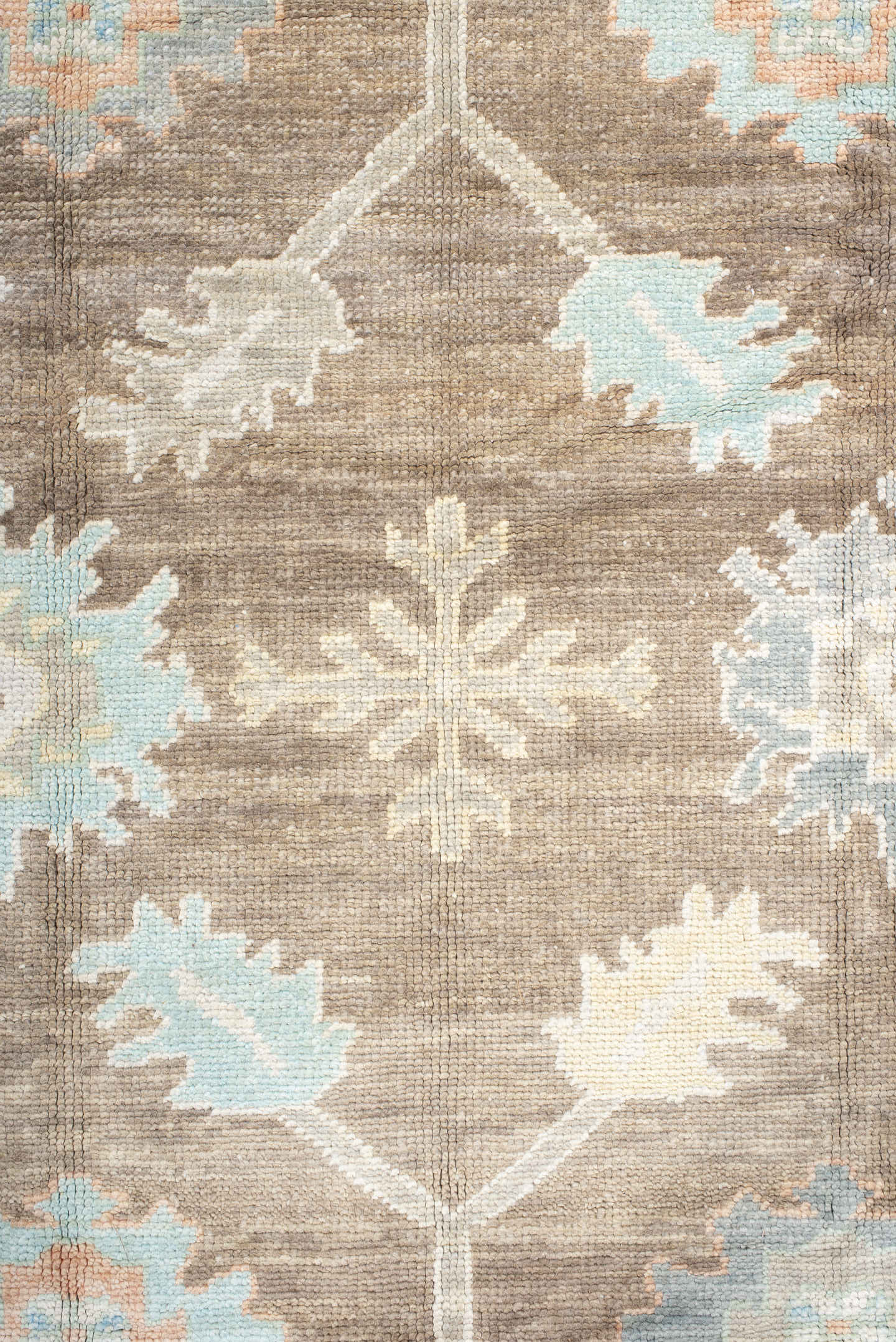 8' x 10' one-of-a-kind handmade vintage Oushak large size rug. Color palette: taupe, ivory, pale aqua, sky blue, soft gold