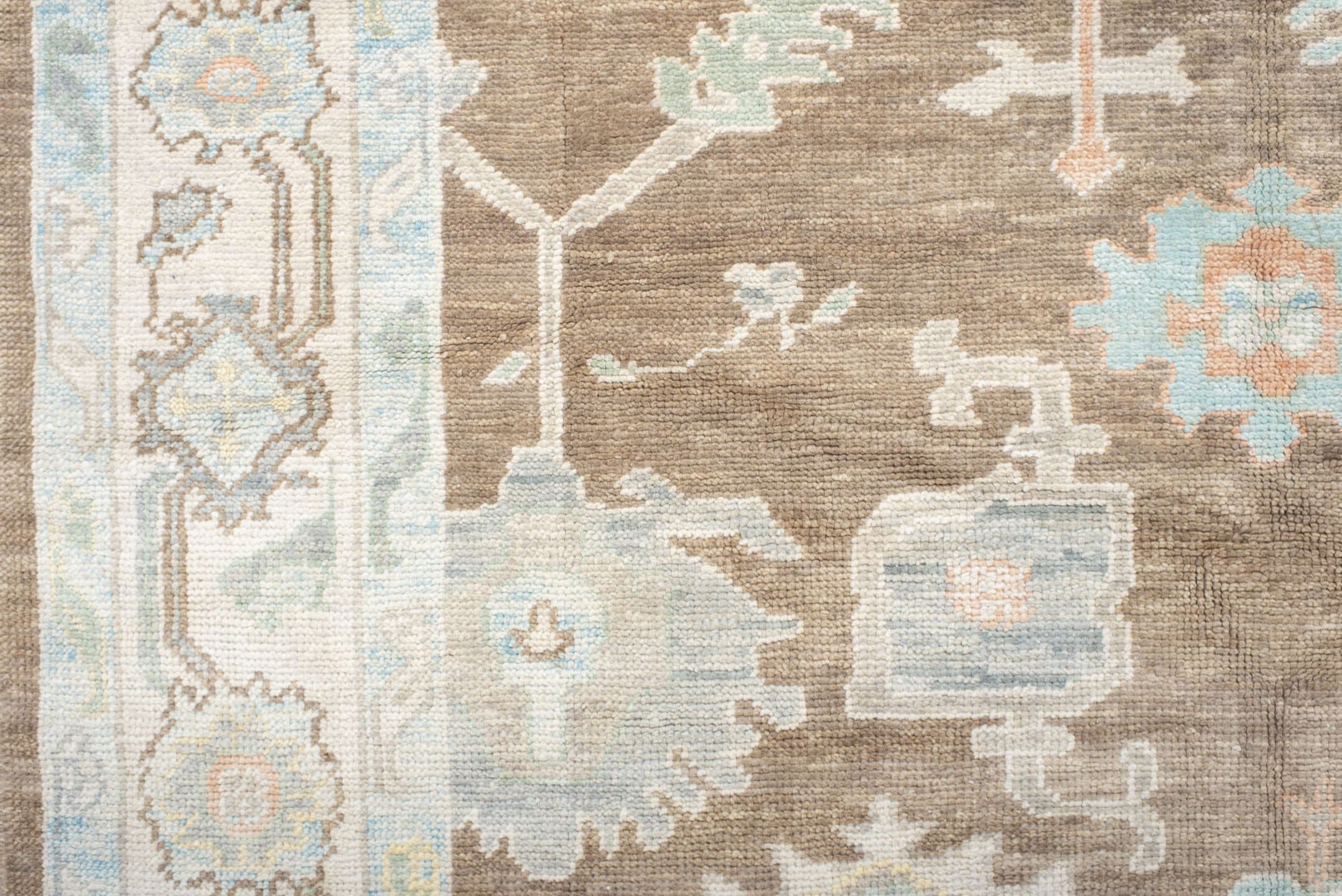 8' x 10' one-of-a-kind handmade vintage Oushak large size rug. Color palette: taupe, ivory, pale aqua, sky blue, soft gold