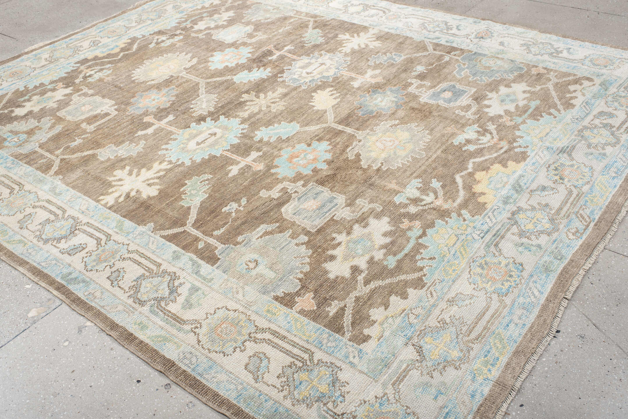 8' x 10' one-of-a-kind handmade vintage Oushak large size rug. Color palette: taupe, ivory, pale aqua, sky blue, soft gold