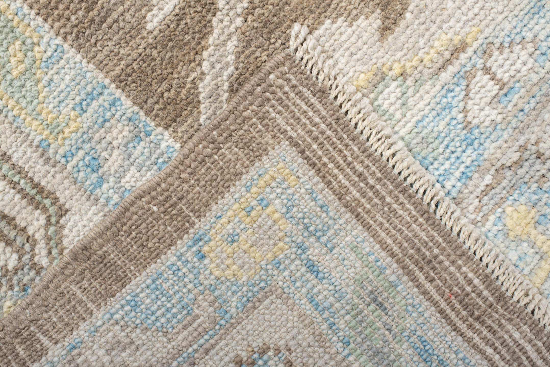 8' x 10' one-of-a-kind handmade vintage Oushak large size rug. Color palette: taupe, ivory, pale aqua, sky blue, soft gold