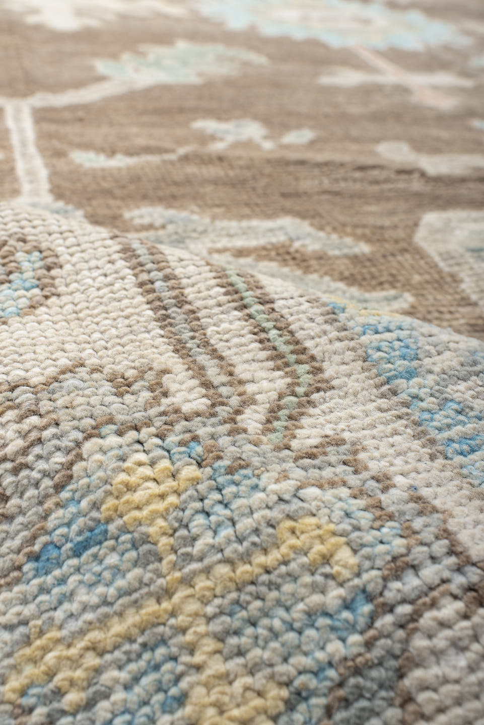 8' x 10' one-of-a-kind handmade vintage Oushak large size rug. Color palette: taupe, ivory, pale aqua, sky blue, soft gold