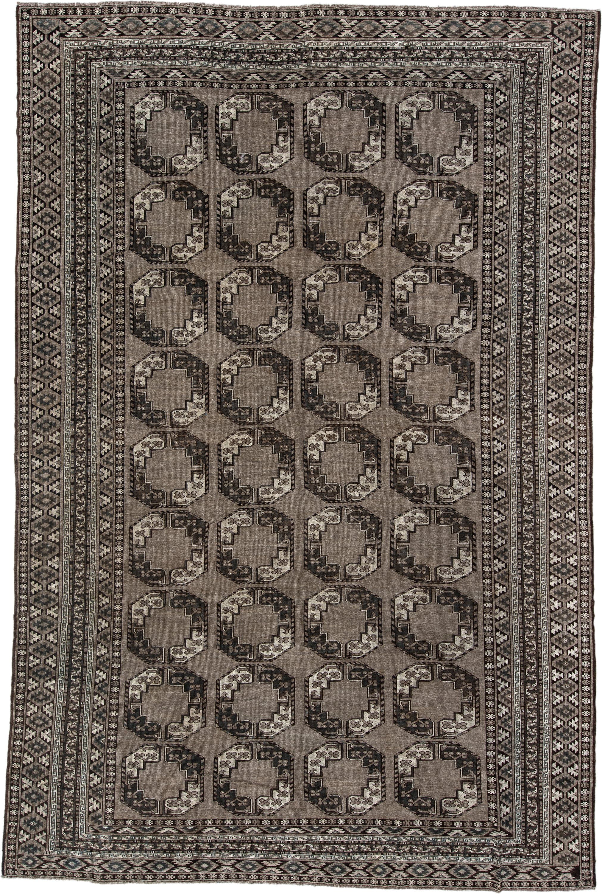 9' x 14' one-of-a-kind handmade vintage Afghan large size rug. Color palette: taupe, charcoal, ivory, brown, slate, beige