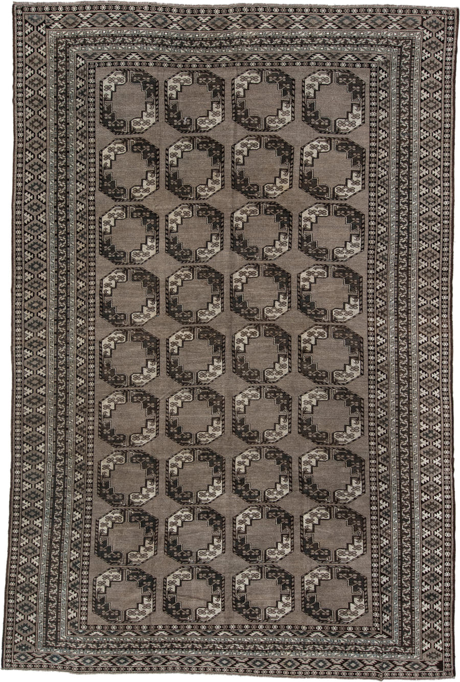 9' x 14' one-of-a-kind handmade vintage Afghan large size rug. Color palette: taupe, charcoal, ivory, brown, slate, beige