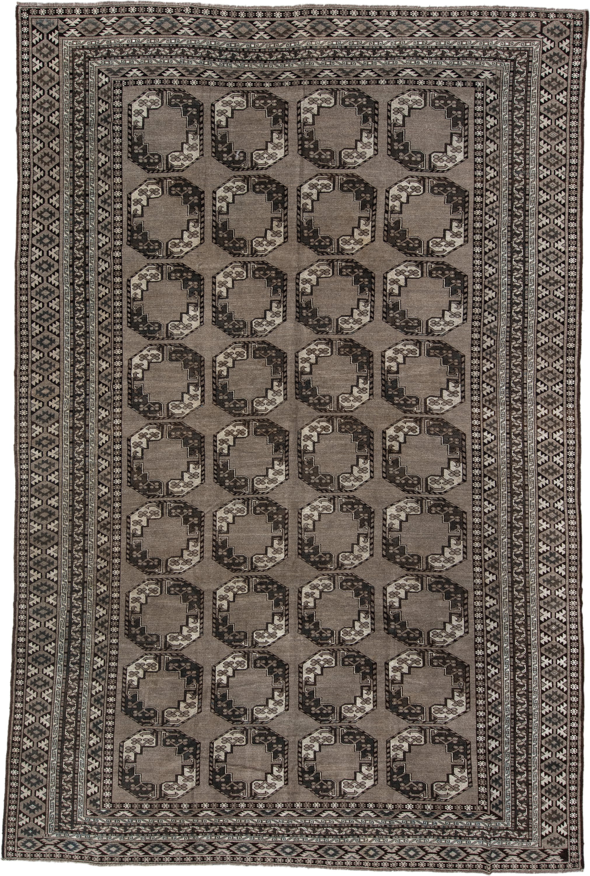 9' x 14' one-of-a-kind handmade vintage Afghan large size rug. Color palette: taupe, charcoal, ivory, brown, slate, beige