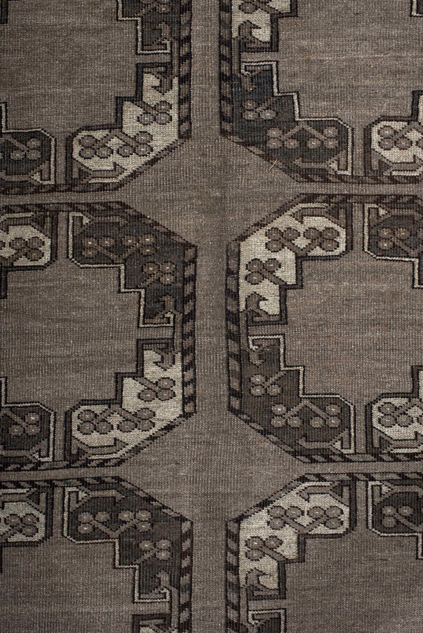 9' x 14' one-of-a-kind handmade vintage Afghan large size rug. Color palette: taupe, charcoal, ivory, brown, slate, beige