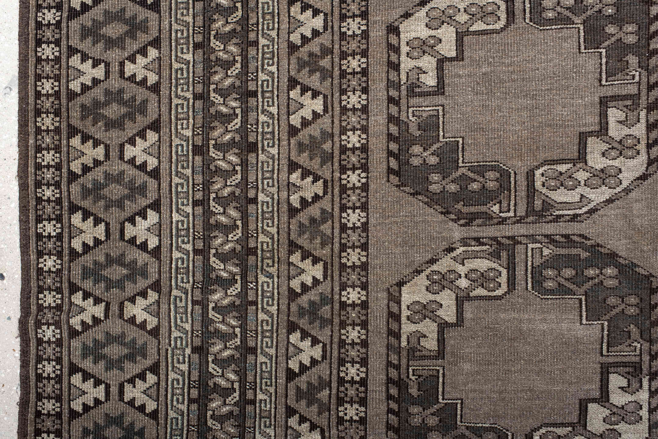 9' x 14' one-of-a-kind handmade vintage Afghan large size rug. Color palette: taupe, charcoal, ivory, brown, slate, beige