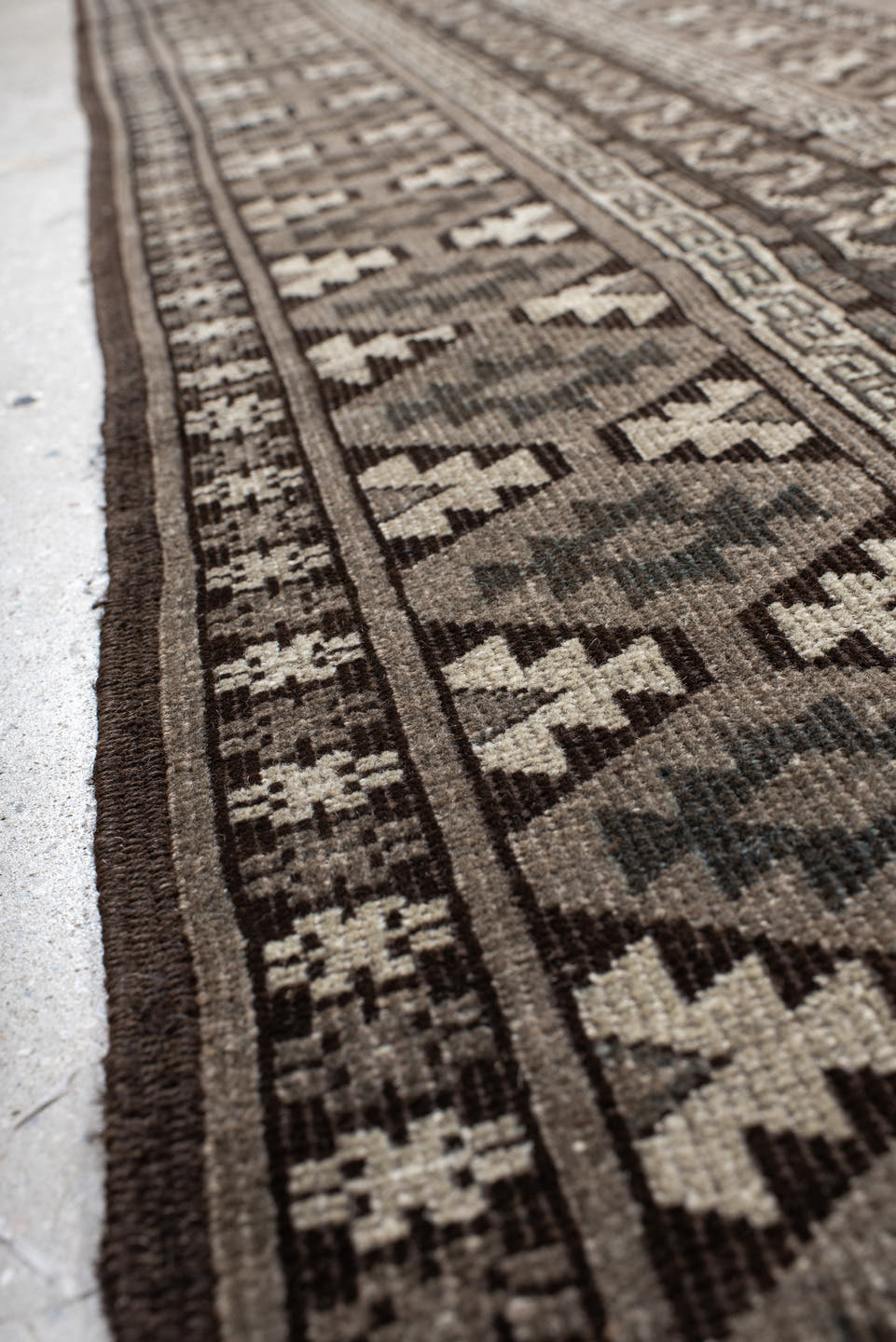 9' x 14' one-of-a-kind handmade vintage Afghan large size rug. Color palette: taupe, charcoal, ivory, brown, slate, beige