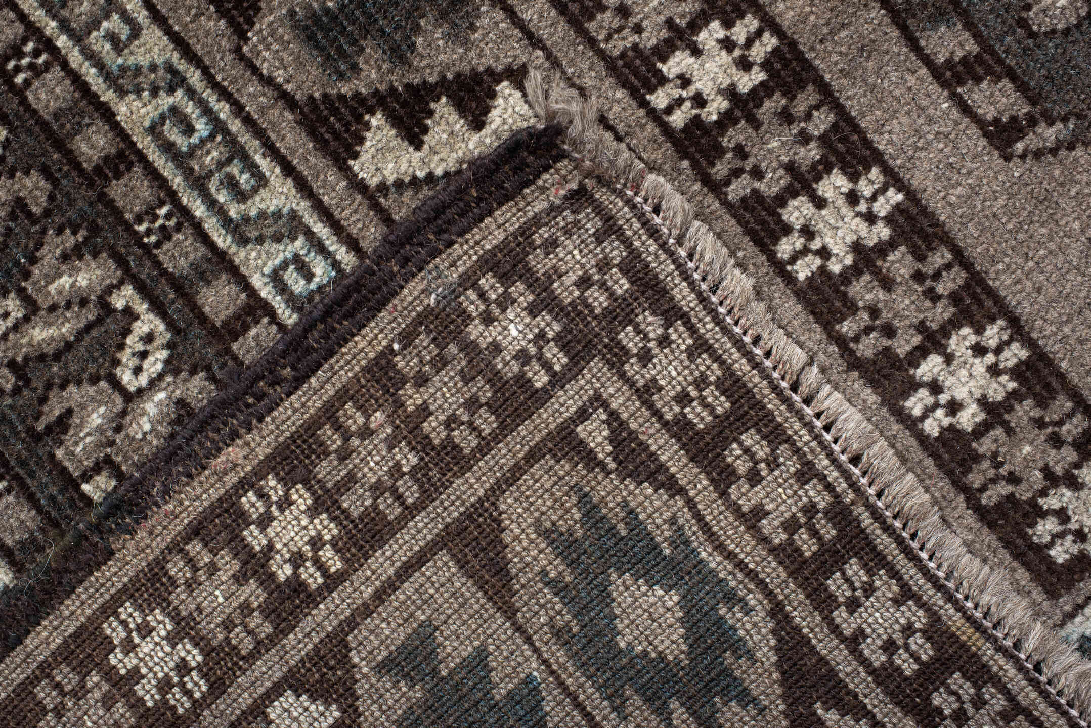 9' x 14' one-of-a-kind handmade vintage Afghan large size rug. Color palette: taupe, charcoal, ivory, brown, slate, beige