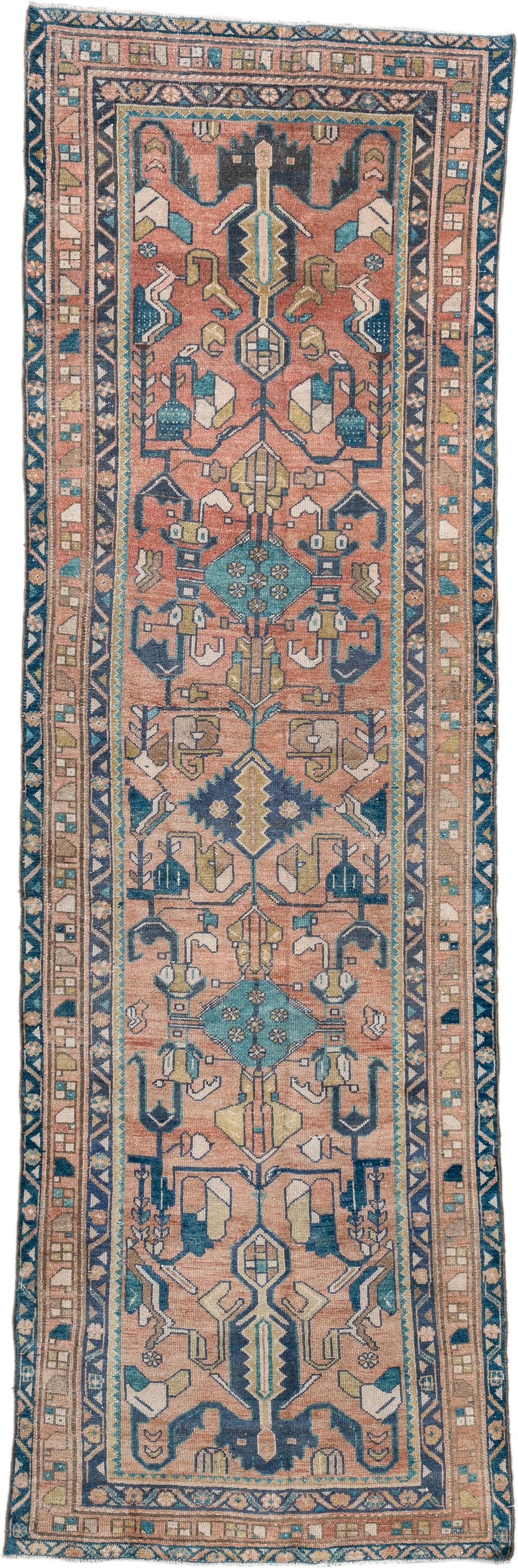3' x 9' one-of-a-kind handmade vintage Lilian runner rug. Color palette: rose, teal, ivory, navy, camel, sage, taupe, pink