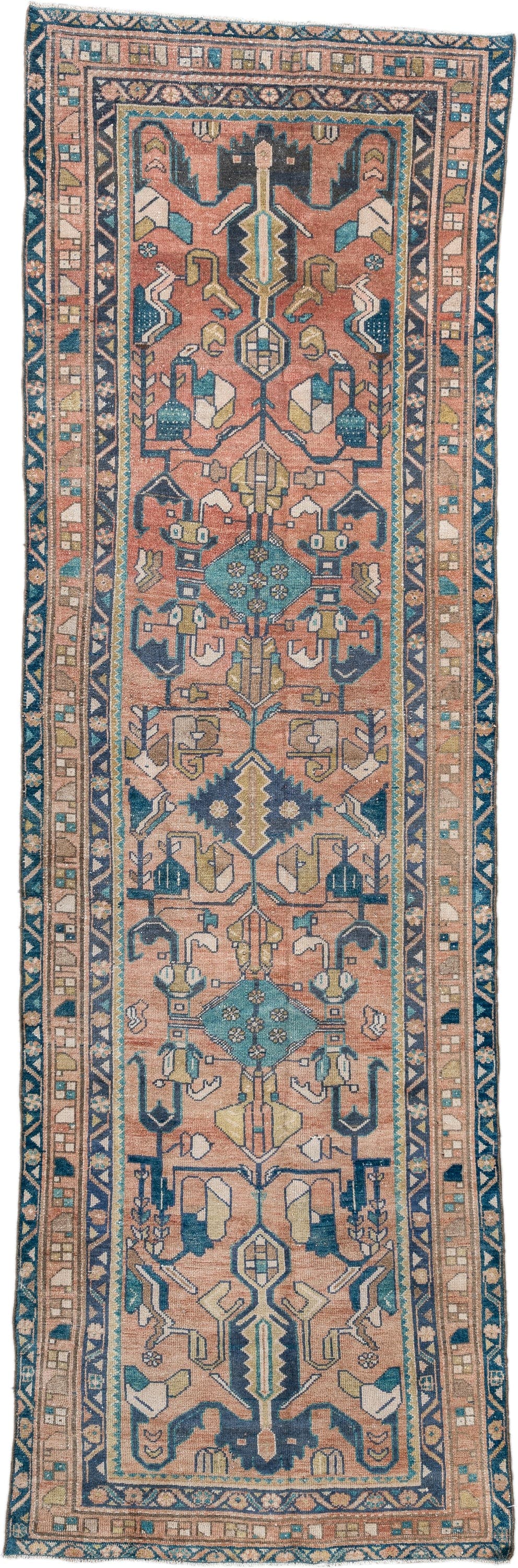 3' x 9' one-of-a-kind handmade vintage Lilian runner rug. Color palette: rose, teal, ivory, navy, camel, sage, taupe, pink
