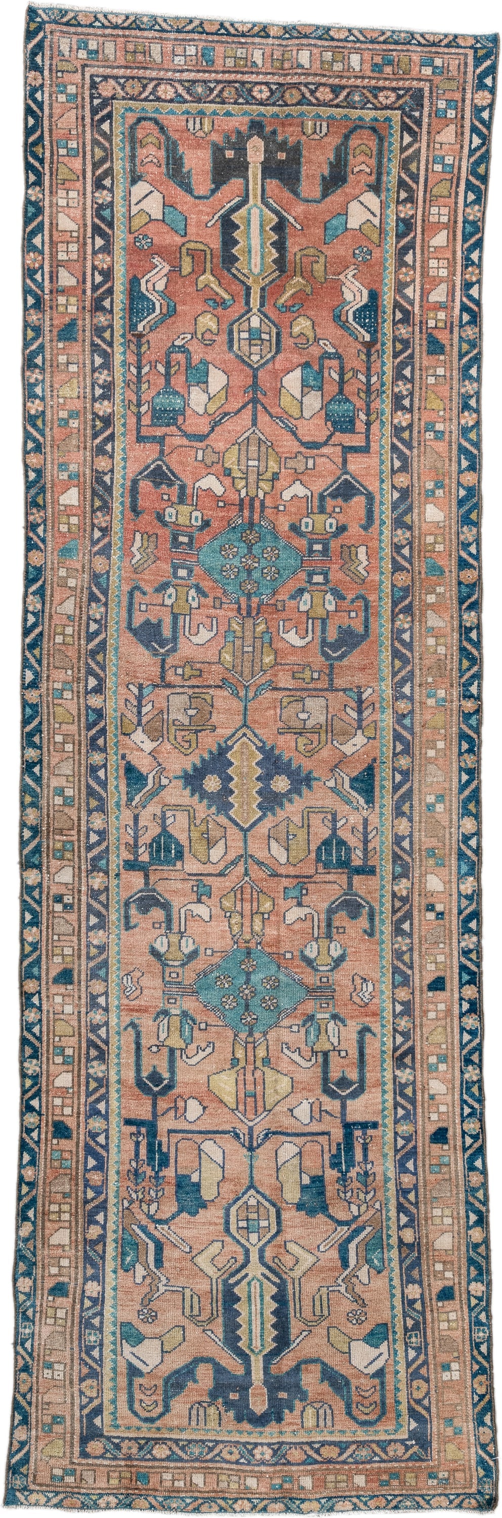3' x 9' one-of-a-kind handmade vintage Lilian runner rug. Color palette: rose, teal, ivory, navy, camel, sage, taupe, pink