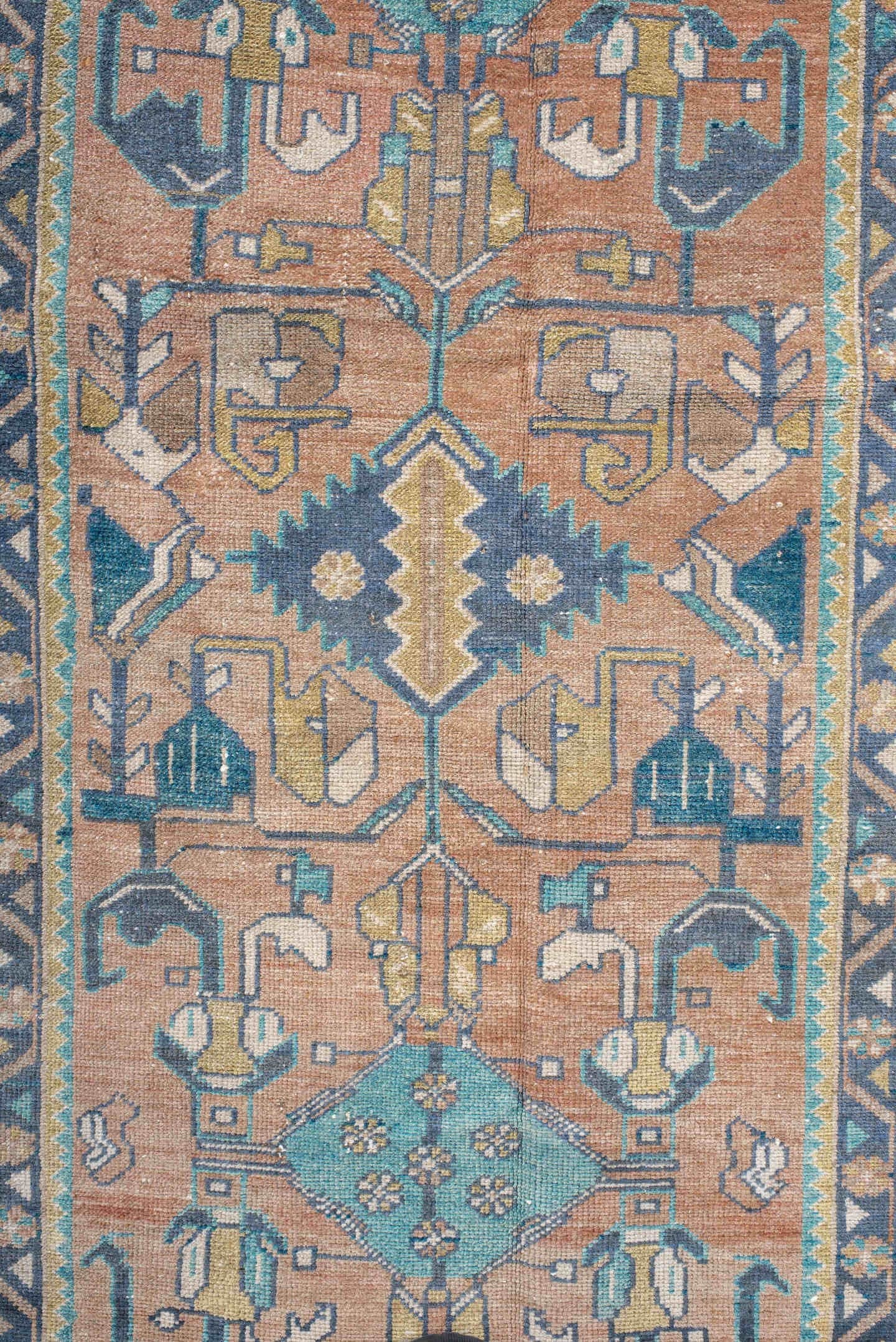 3' x 9' one-of-a-kind handmade vintage Lilian runner rug. Color palette: rose, teal, ivory, navy, camel, sage, taupe, pink